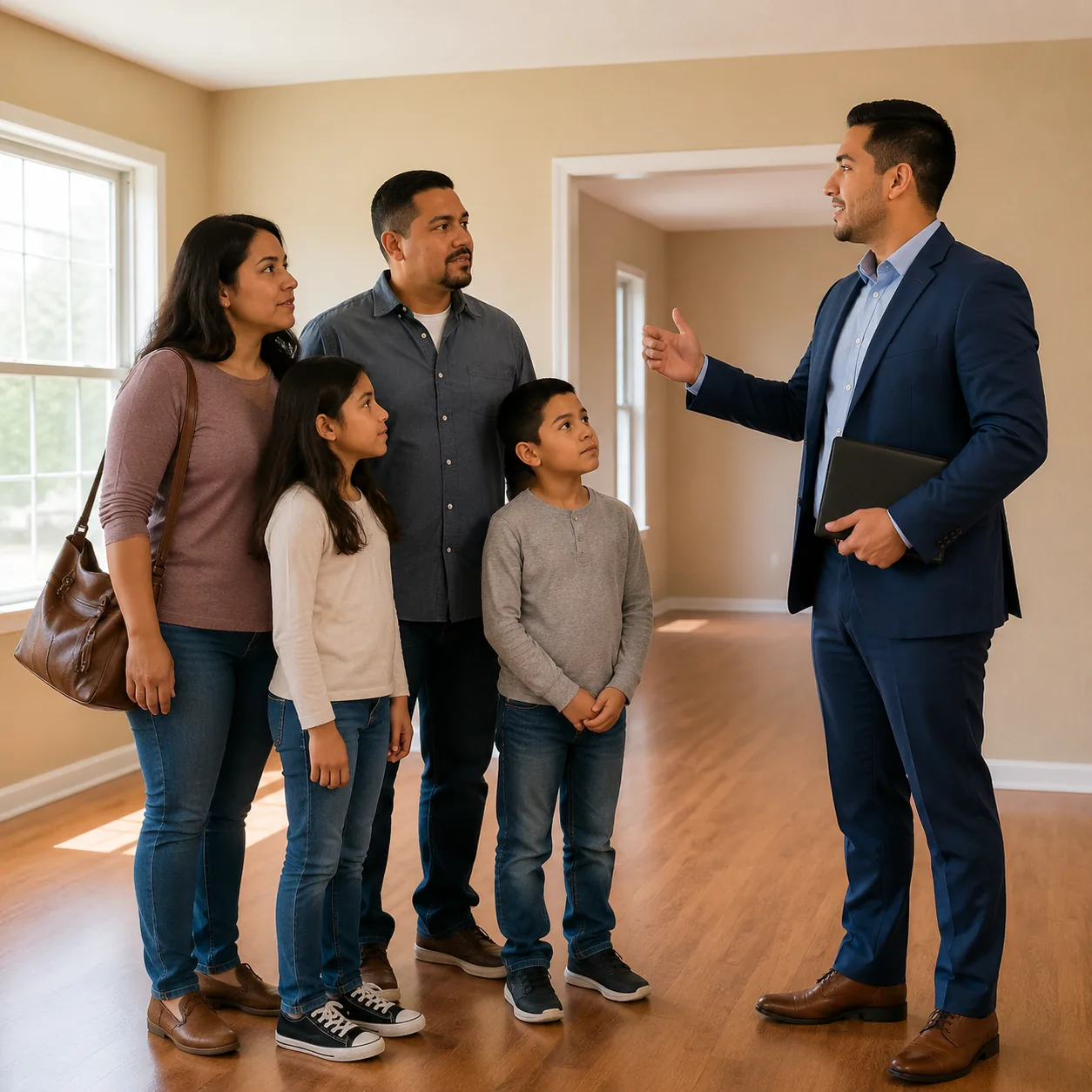 Realistic editorial photo of a Latino family touring a modest suburban house with a real estate agent, warm natural ligh