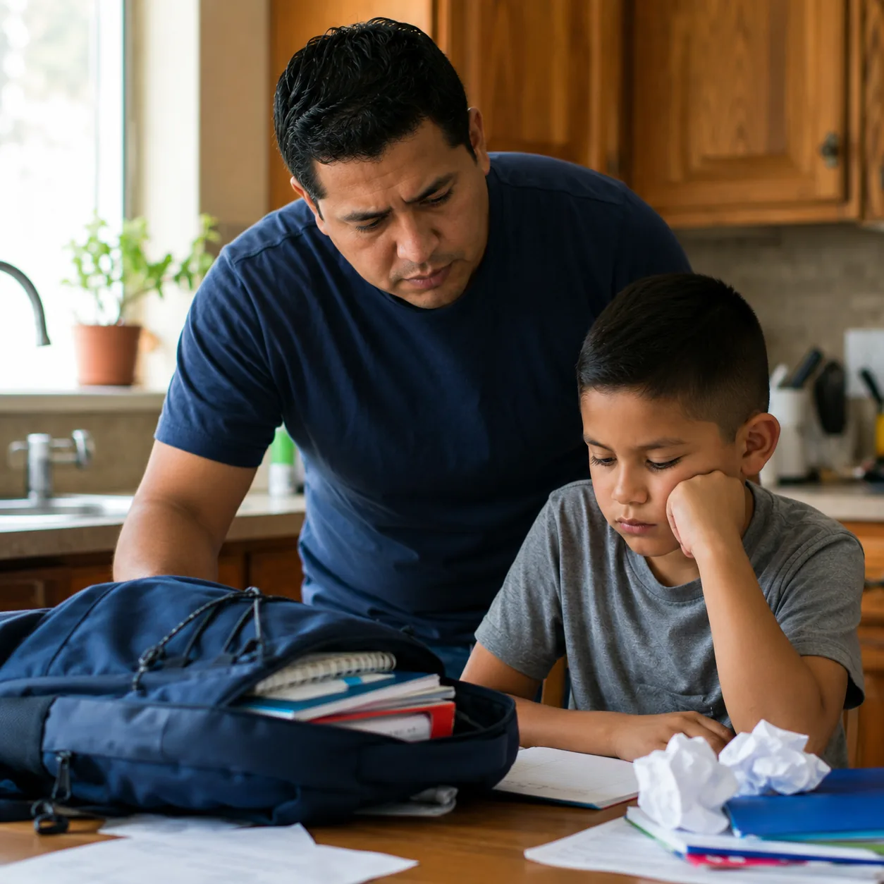 Realistic editorial photo of a Latino parent and child by a messy backpack and school papers on a kitchen table, warm na