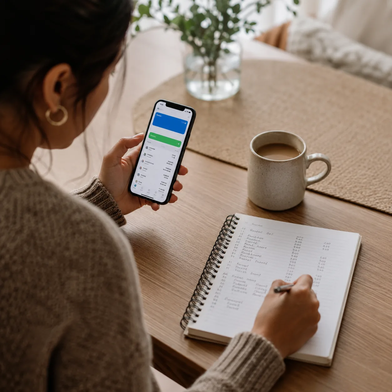 Realistic editorial photo of a person checking a bank app and handwritten budget beside morning coffee, practical cash f