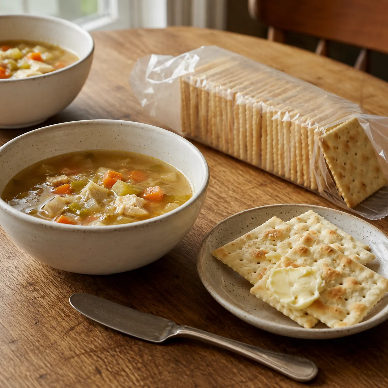Realistic editorial photo of a sleeve of saltine crackers beside soup bowls and a butter knife on a simple kitchen table