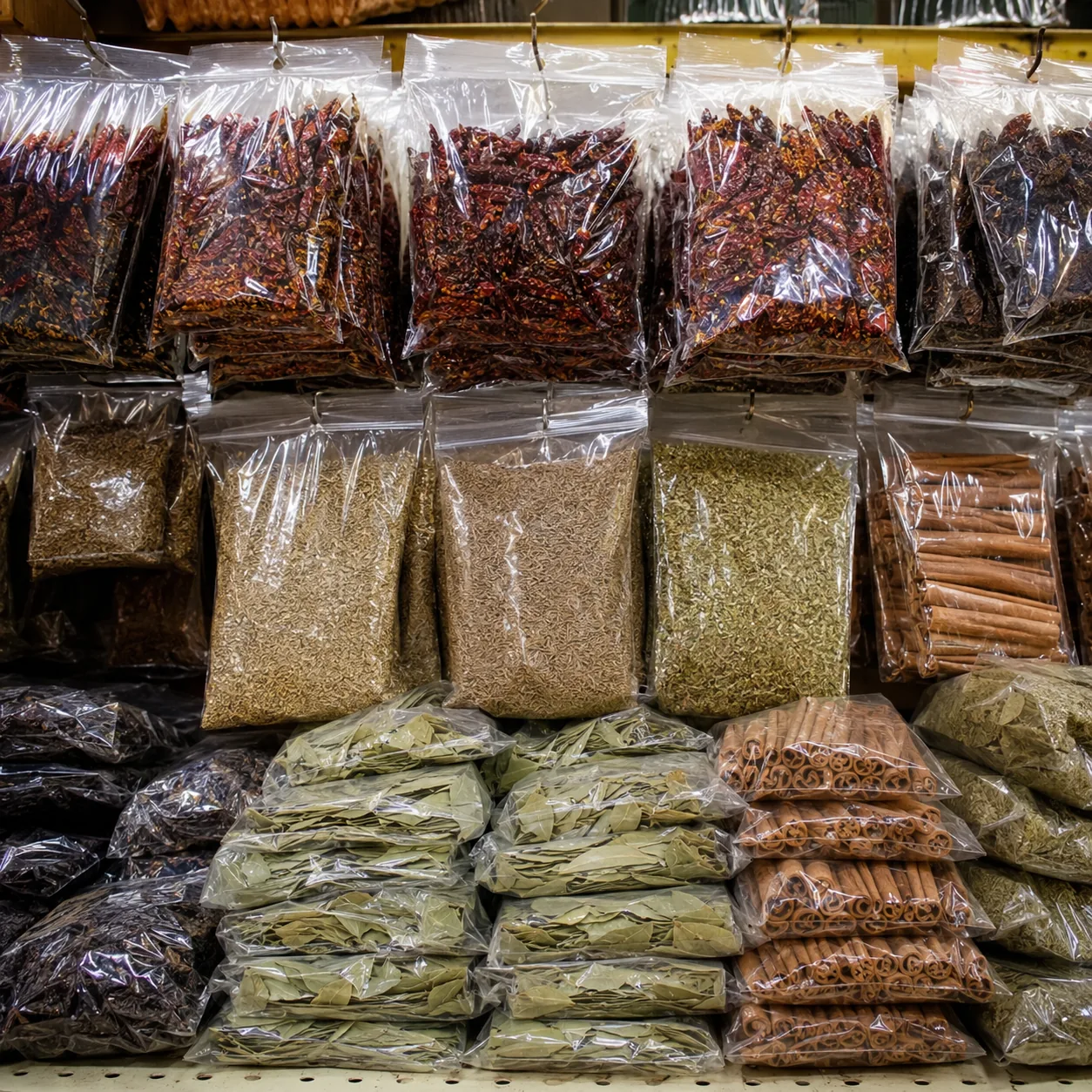 Realistic editorial photo of a spice aisle with clear bags of dried chiles, cumin, oregano, cinnamon sticks, and bay lea