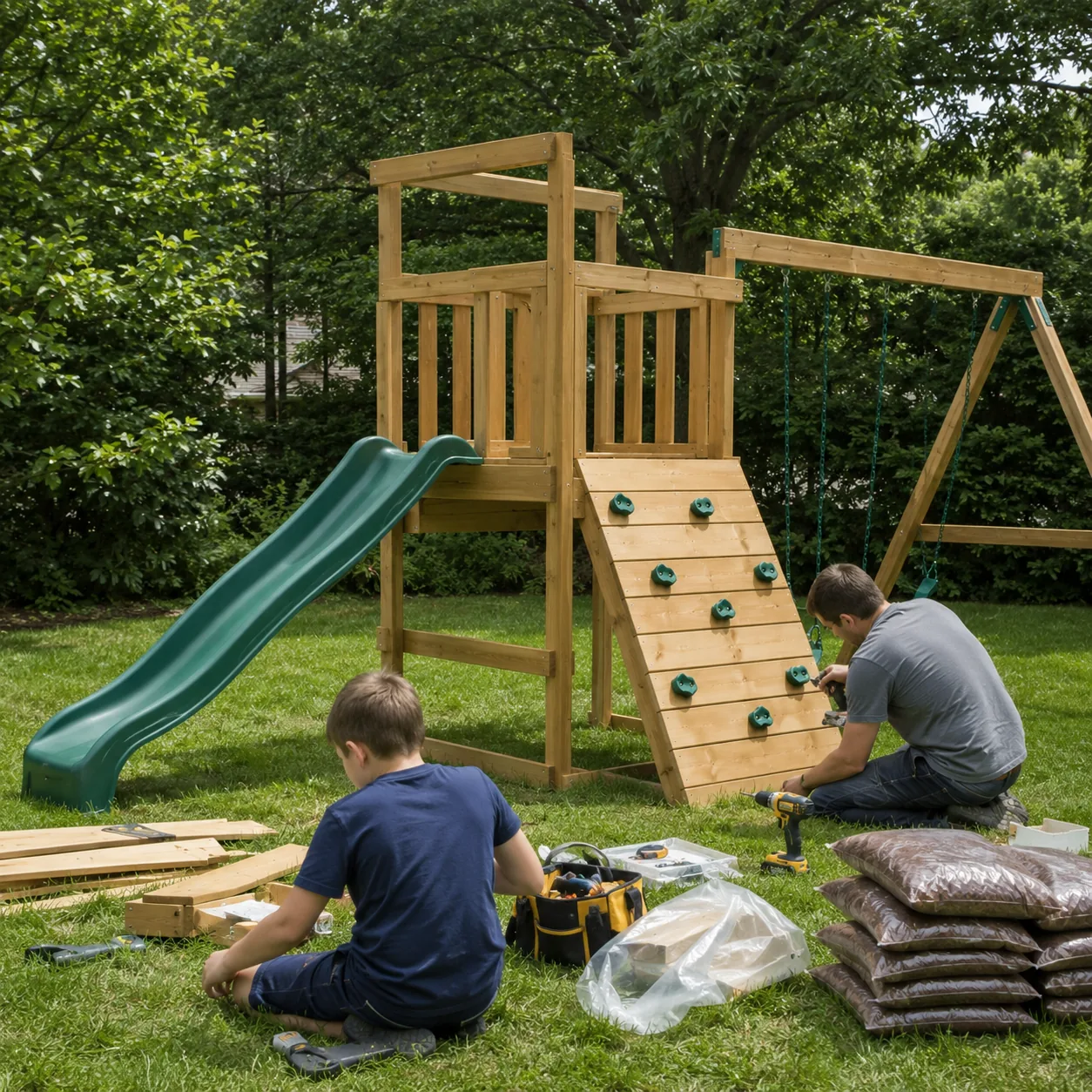 Realistic editorial photo of a wooden backyard playset being assembled on grass with tools and safety mulch nearby, prac