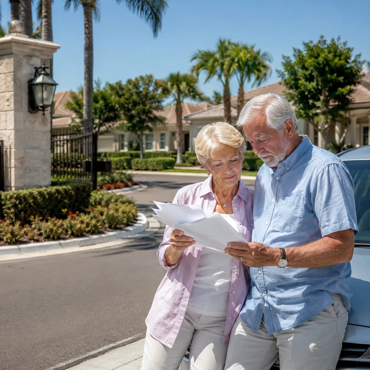 Realistic editorial photo of an age-restricted community entrance and a retired couple studying community documents besi