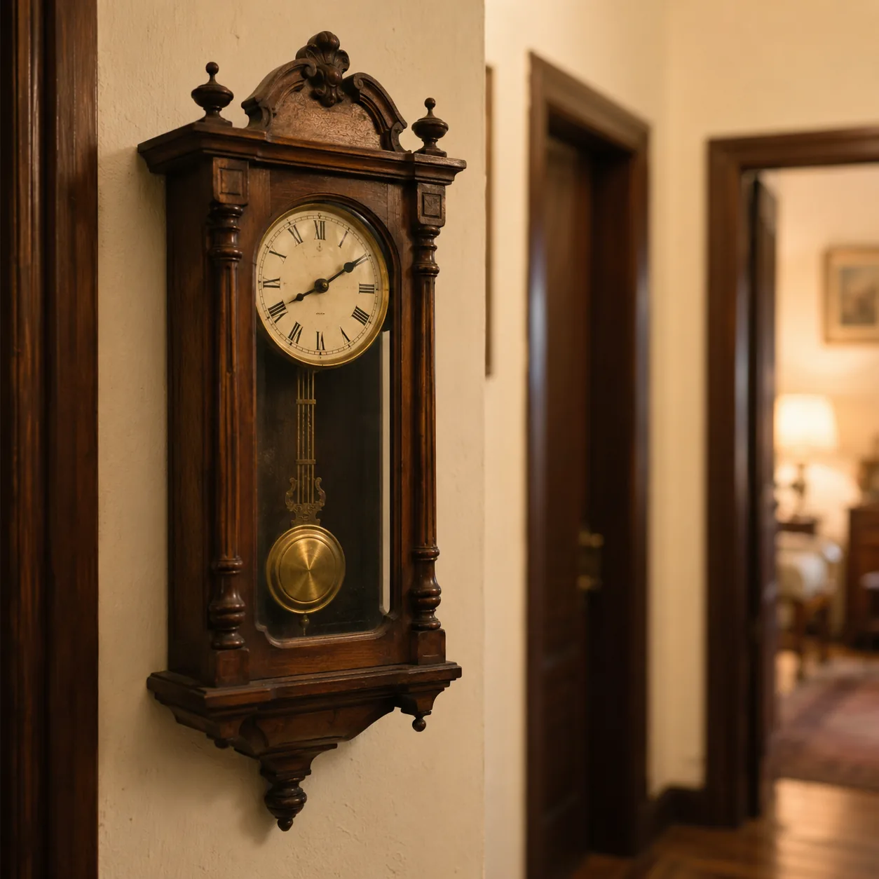 Realistic editorial photo of an old wooden wall clock with brass pendulum hanging in a hallway, warm home light, 1:1 squ