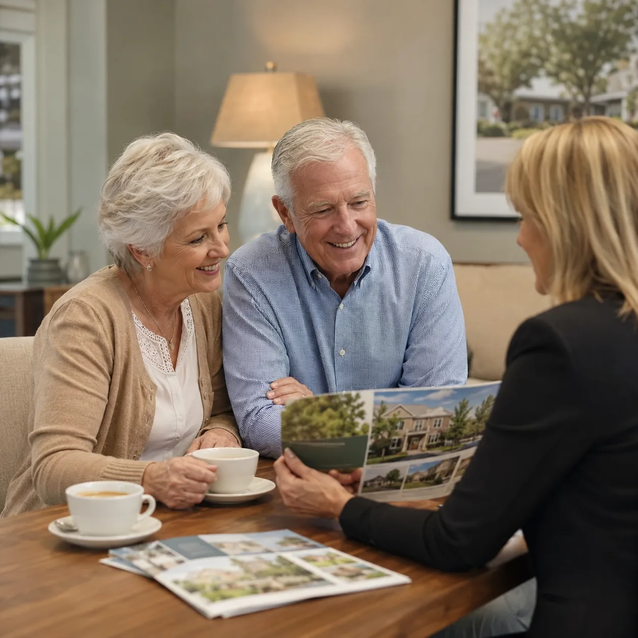 Realistic editorial photo of an older couple being welcomed in a retirement community sales office with brochures and co