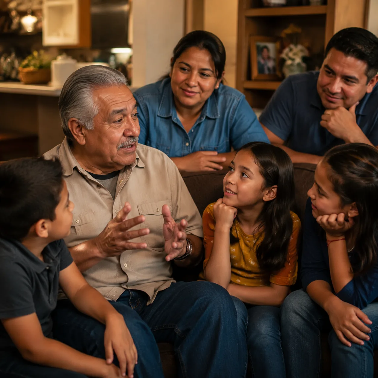 Realistic editorial photo of an older Latino man telling a story to children on a sofa while relatives listen nearby, wa