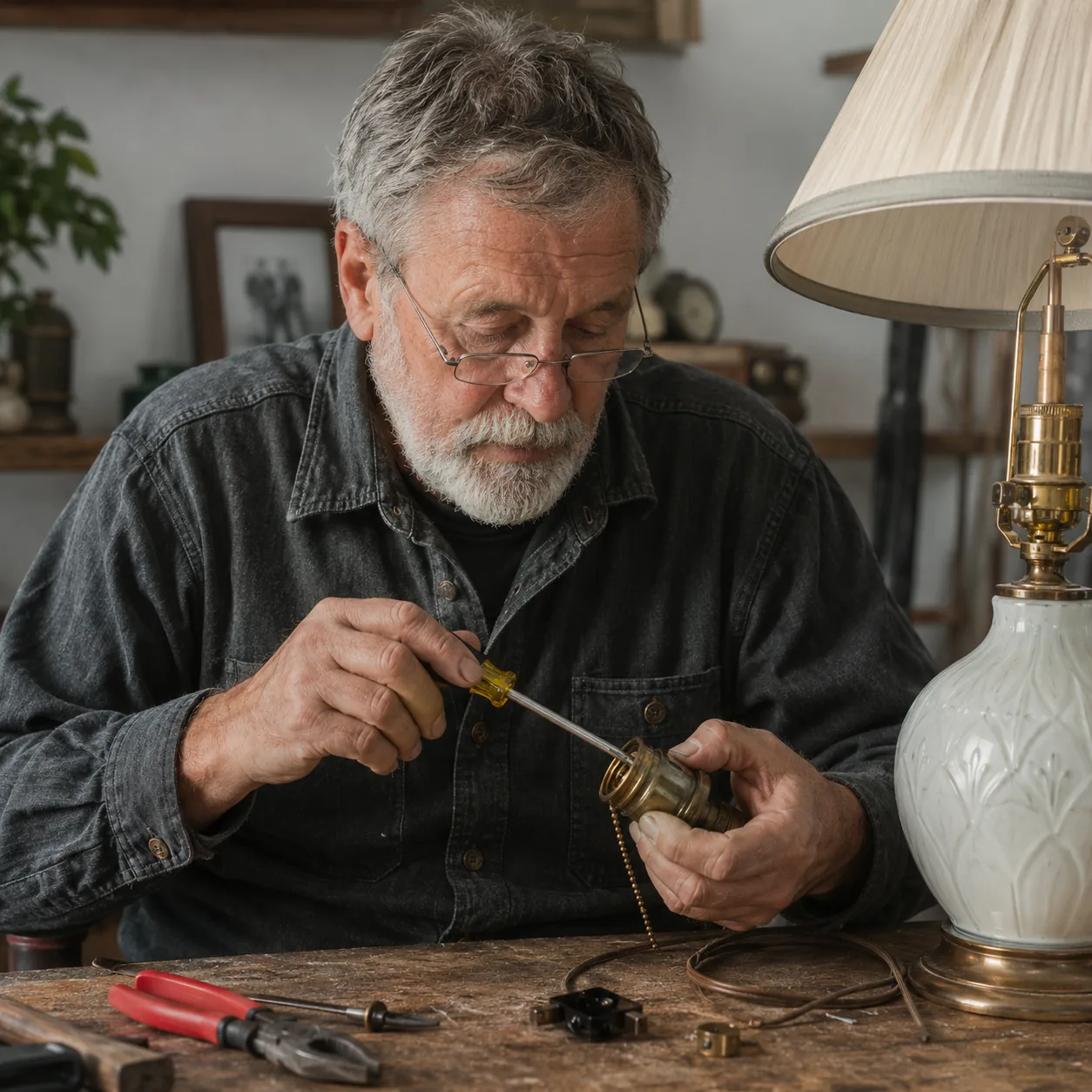Realistic editorial photo of an older man repairing a table lamp socket on a workbench with a screwdriver and replacemen