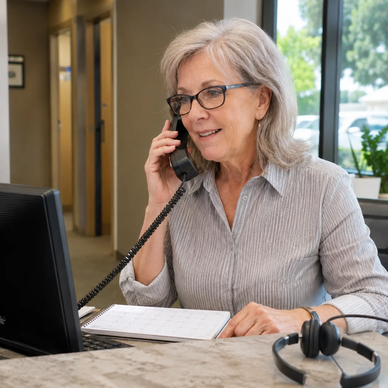 Realistic editorial photo of an older receptionist answering a phone at a small office front desk with calendar and head