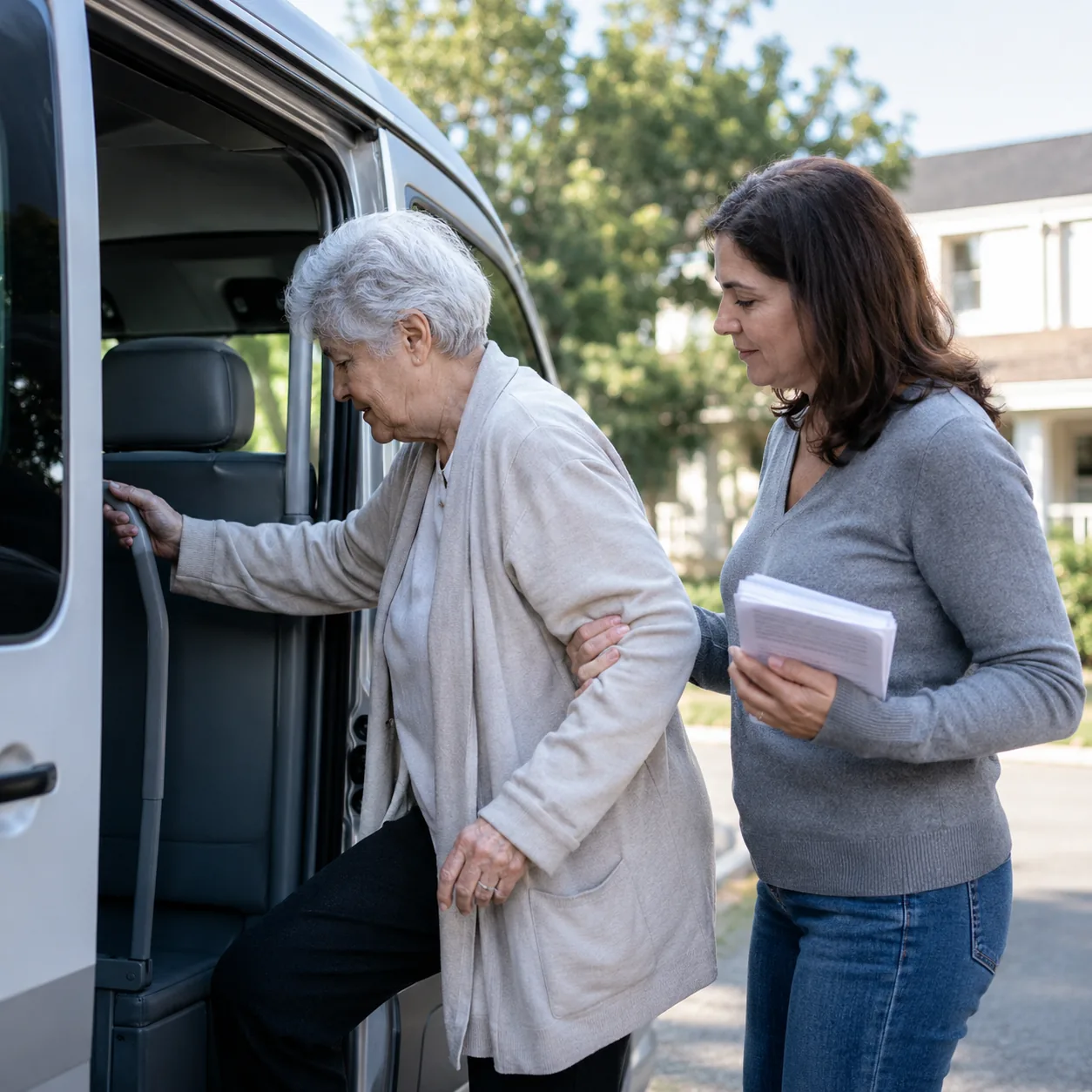 Realistic editorial photo of an older resident entering a community van with an adult daughter holding appointment notes
