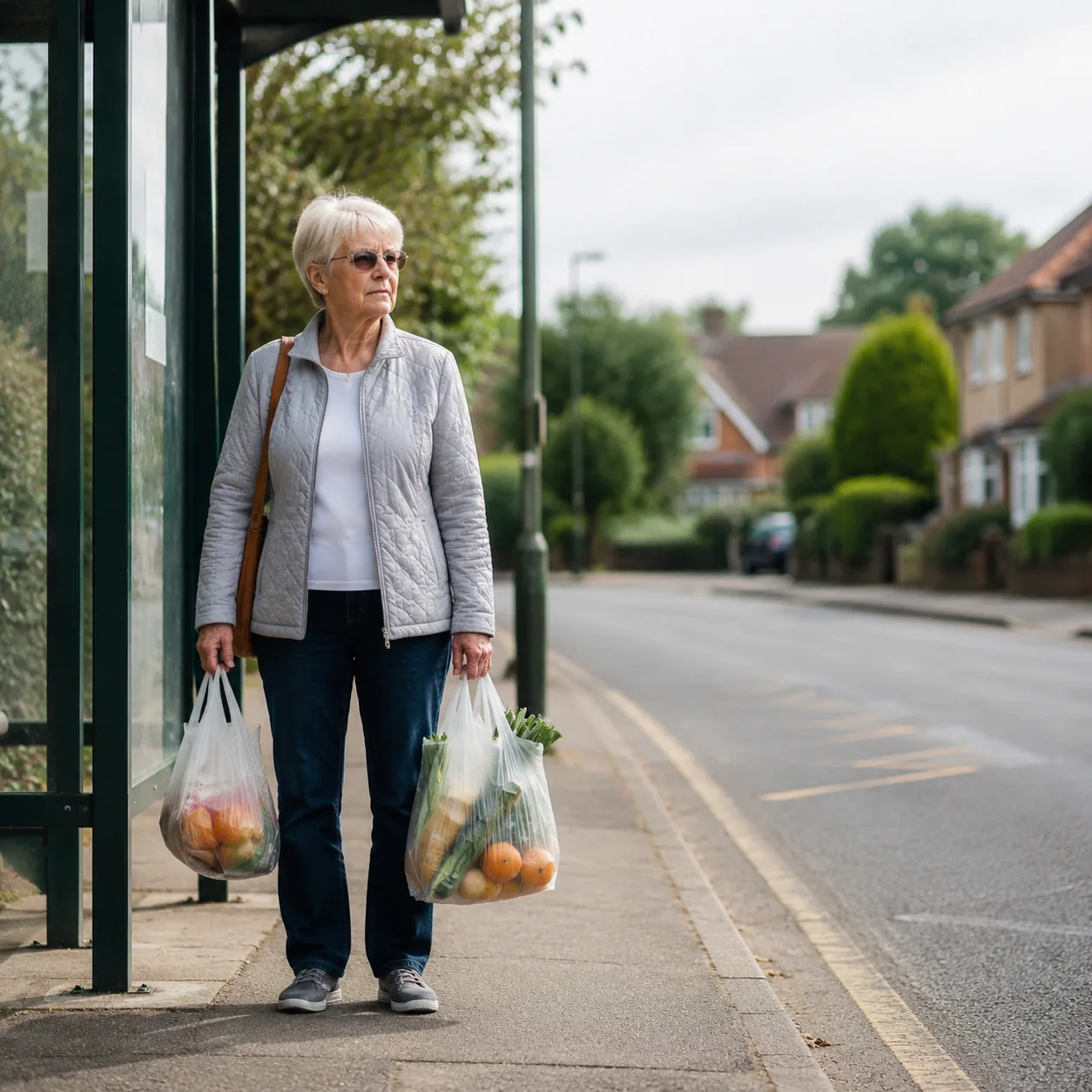 Realistic editorial photo of an older retiree waiting near a sparse bus stop with grocery bags on a quiet suburban road,