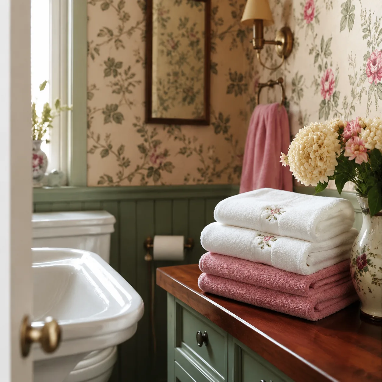 Realistic editorial photo of decorative guest towels neatly folded in a small bathroom with floral wallpaper, warm natur