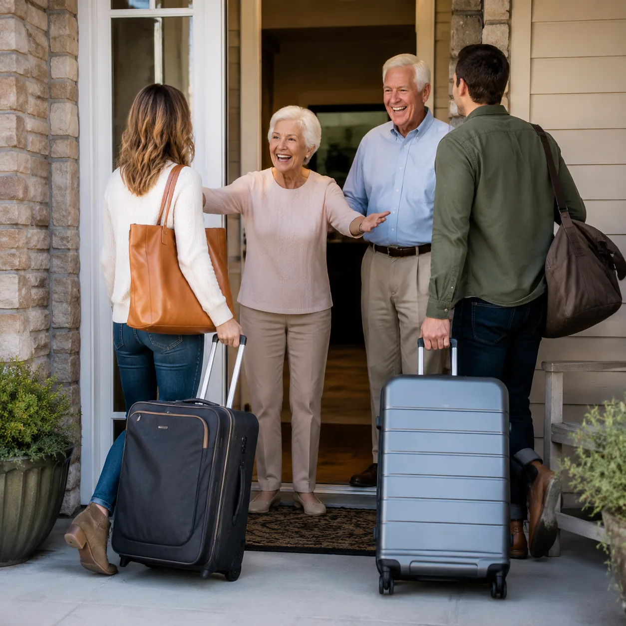Realistic editorial photo of grandparents greeting adult children with suitcases at a retirement community front door, p