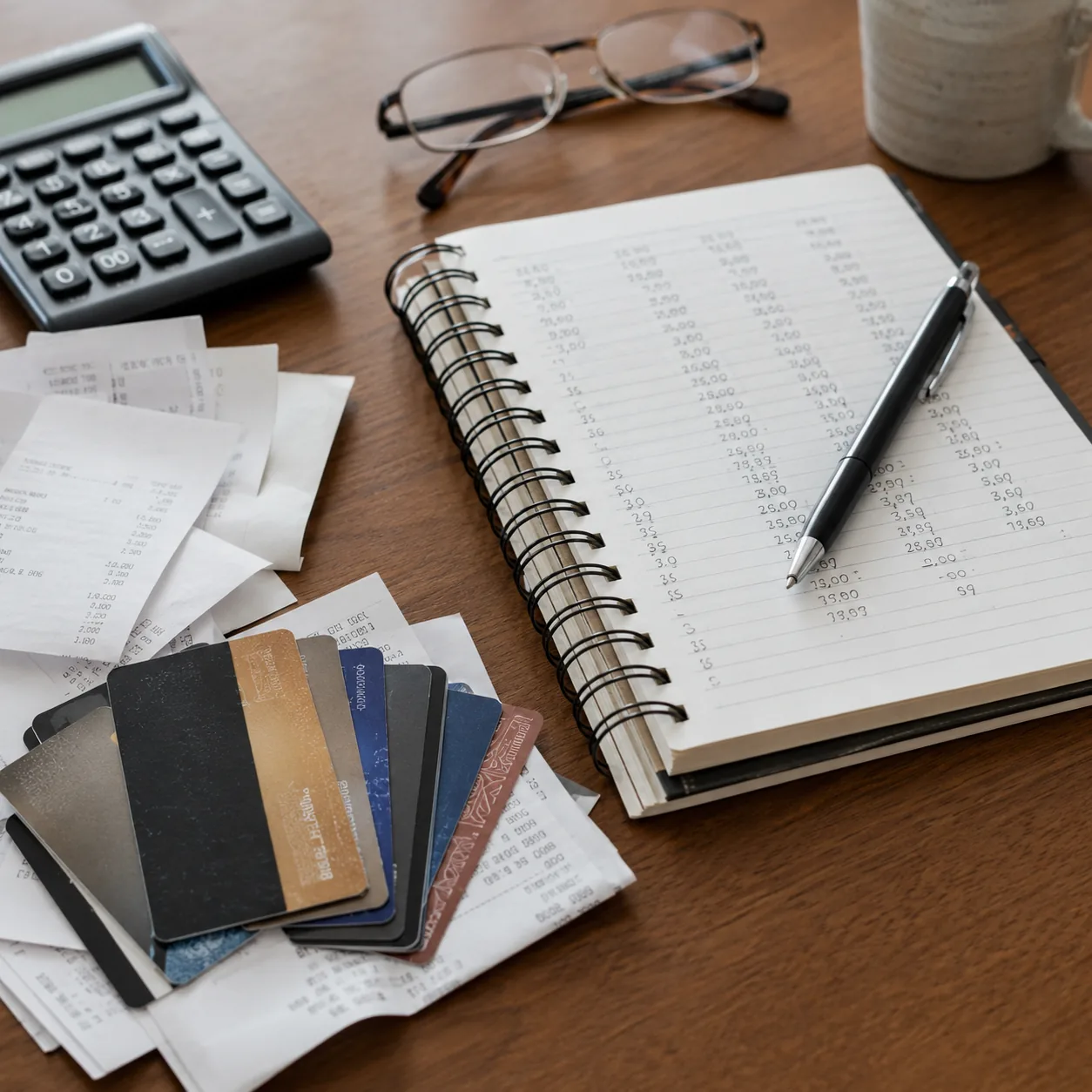 Realistic editorial photo of membership cards, receipts, and a household budget notebook on a desk, practical consumer f