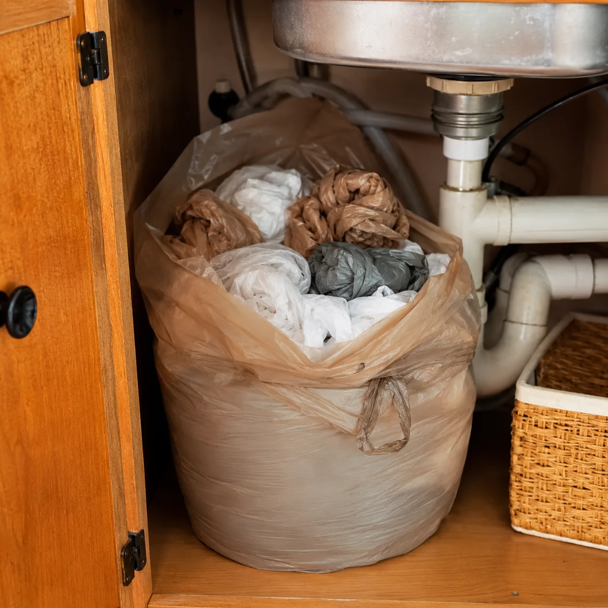 Realistic editorial photo of neatly saved plastic grocery bags tucked inside another bag under a kitchen sink, warm natu