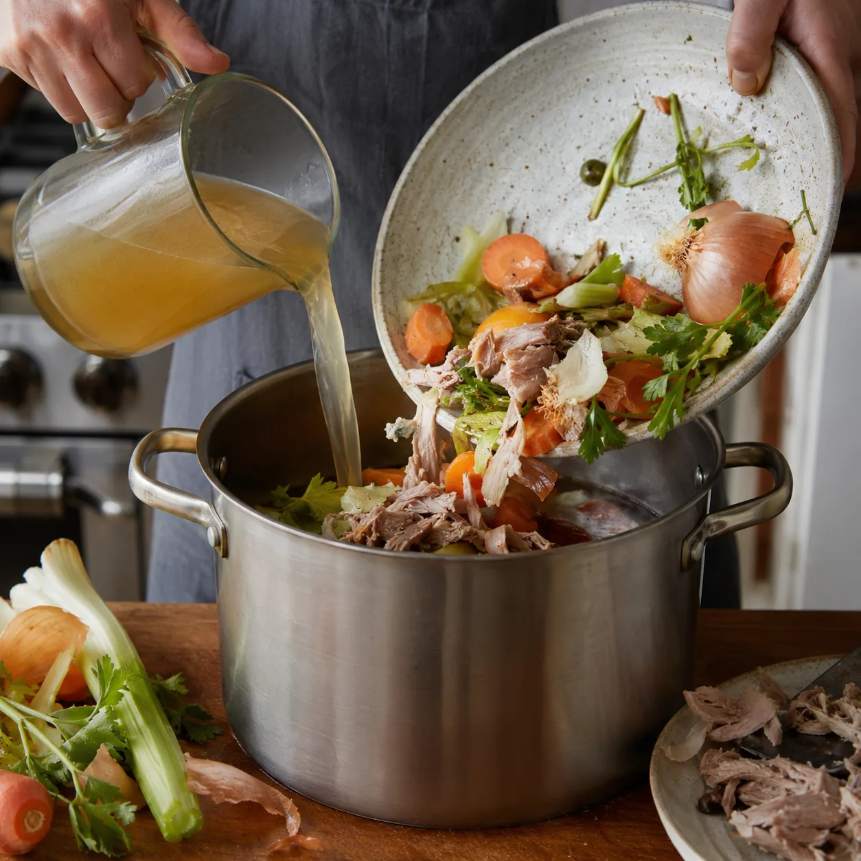 Realistic editorial photo of odds-and-ends vegetables, leftover meat, and broth going into a soup pot, practical pre-sho