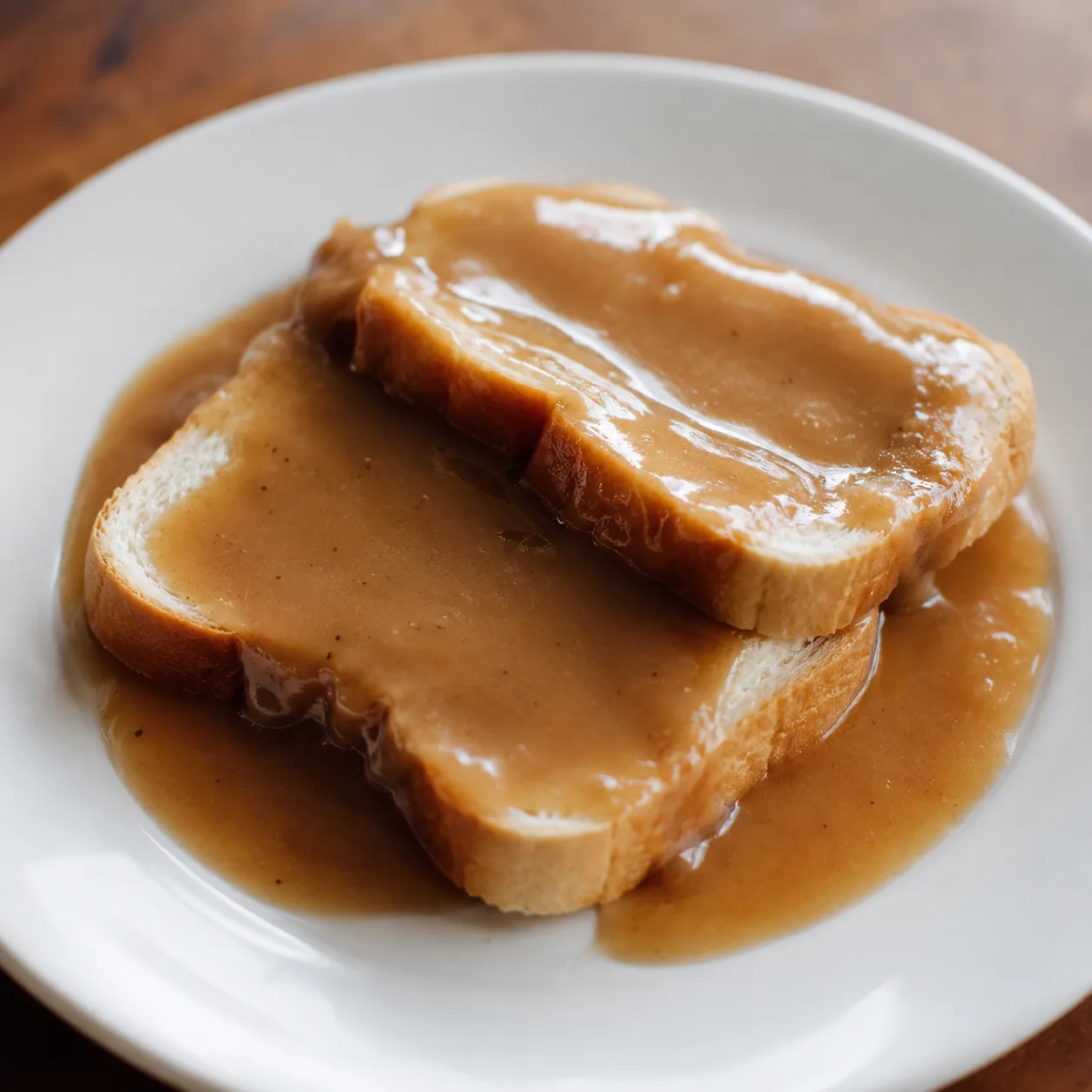 Realistic editorial photo of sliced bread covered with homemade brown gravy on a plain dinner plate, practical old-fashi