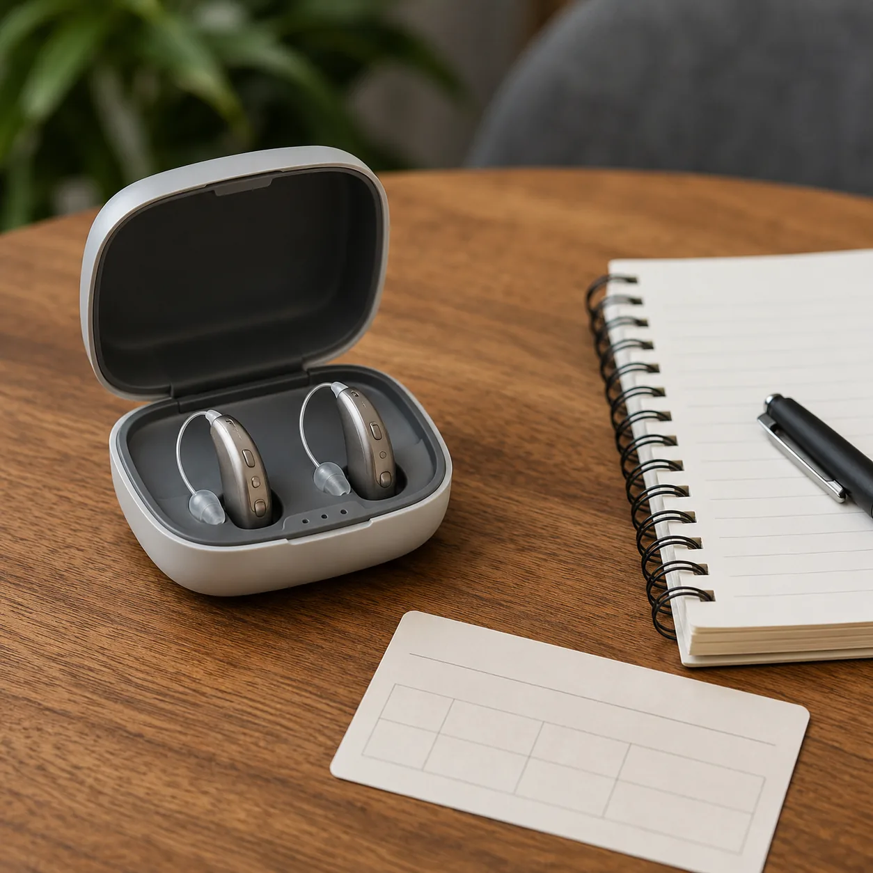 Realistic editorial photo of small hearing devices in an open case beside a notepad and appointment card, practical cons