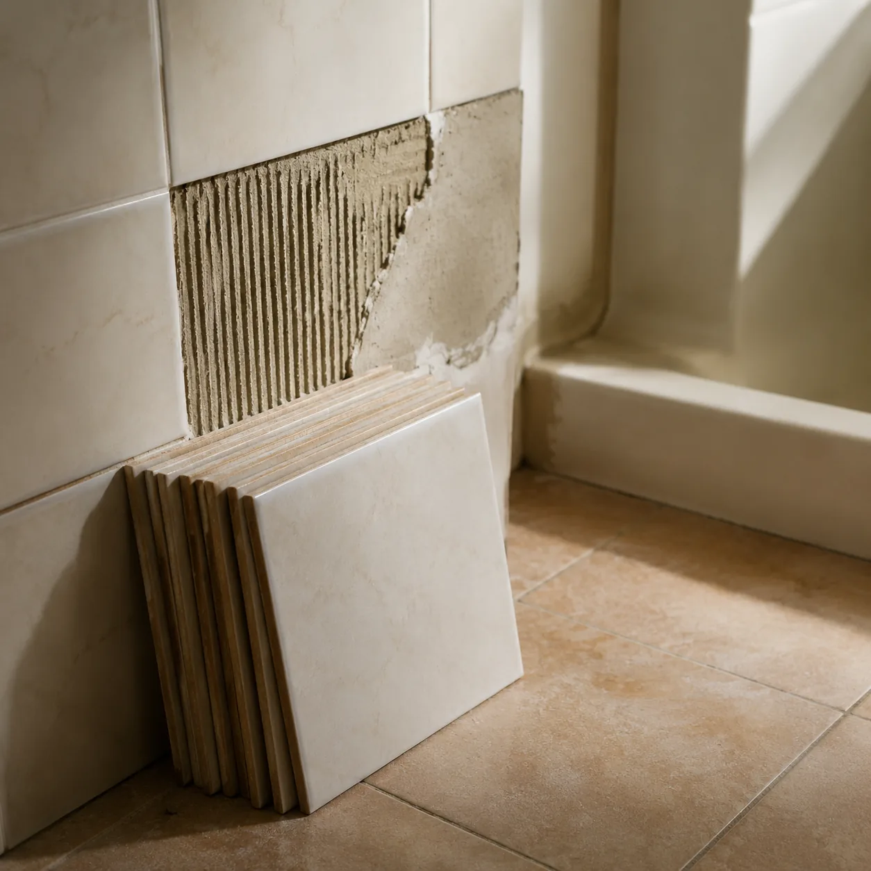 Realistic editorial photo of spare ceramic tiles stacked beside a bathroom wall repair area, warm natural light, practic