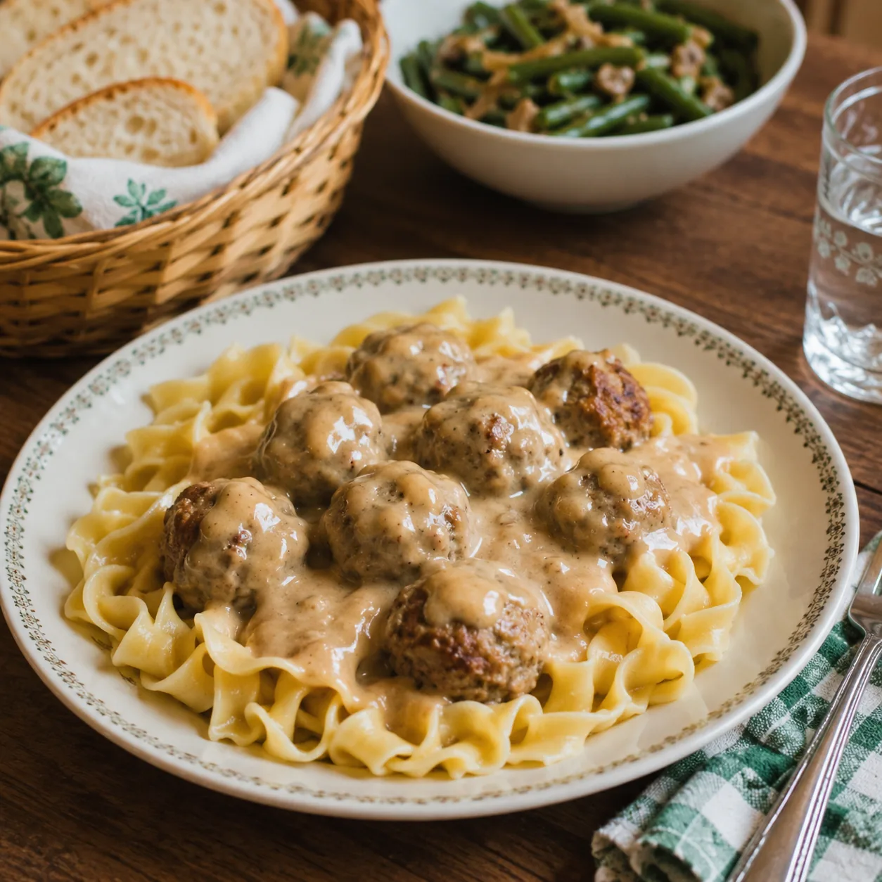 Realistic editorial photo of Swedish meatballs in creamy gravy over egg noodles on a dinner plate, practical retro famil