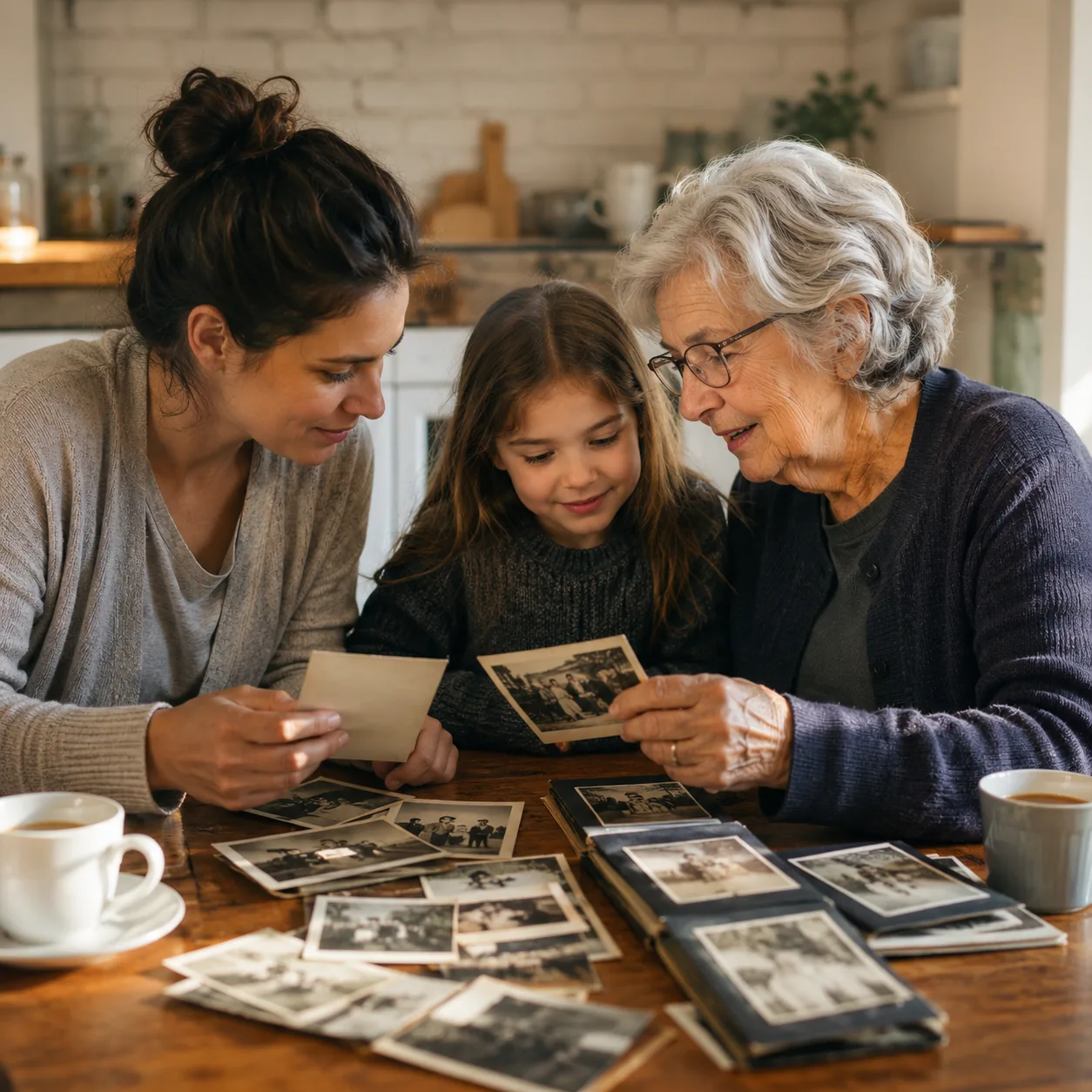 Realistic editorial photo of three generations gathered around a kitchen table with coffee cups and old snapshots, warm