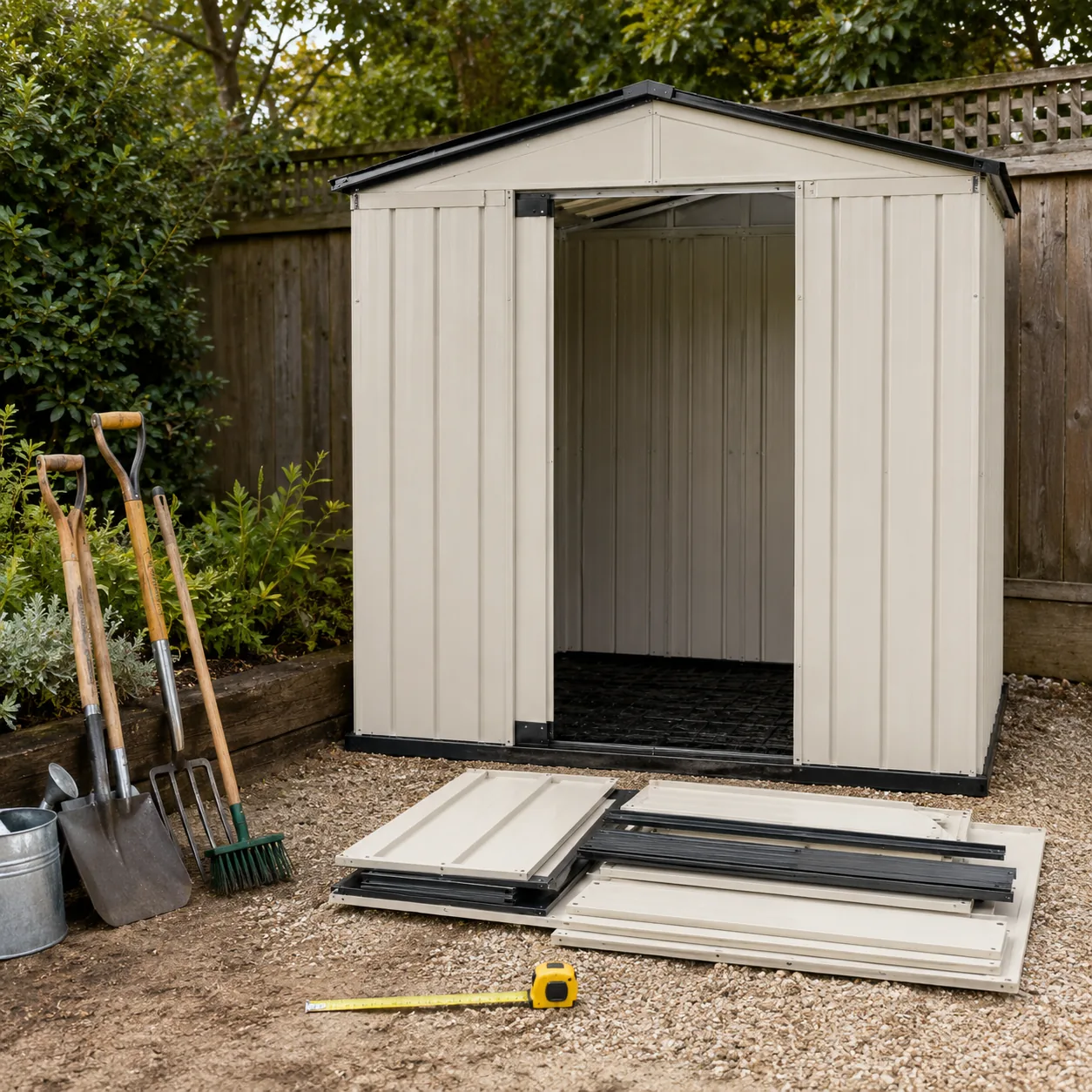 Realistic editorial photo of a backyard storage shed kit beside garden tools and a tape measure, practical home organiza