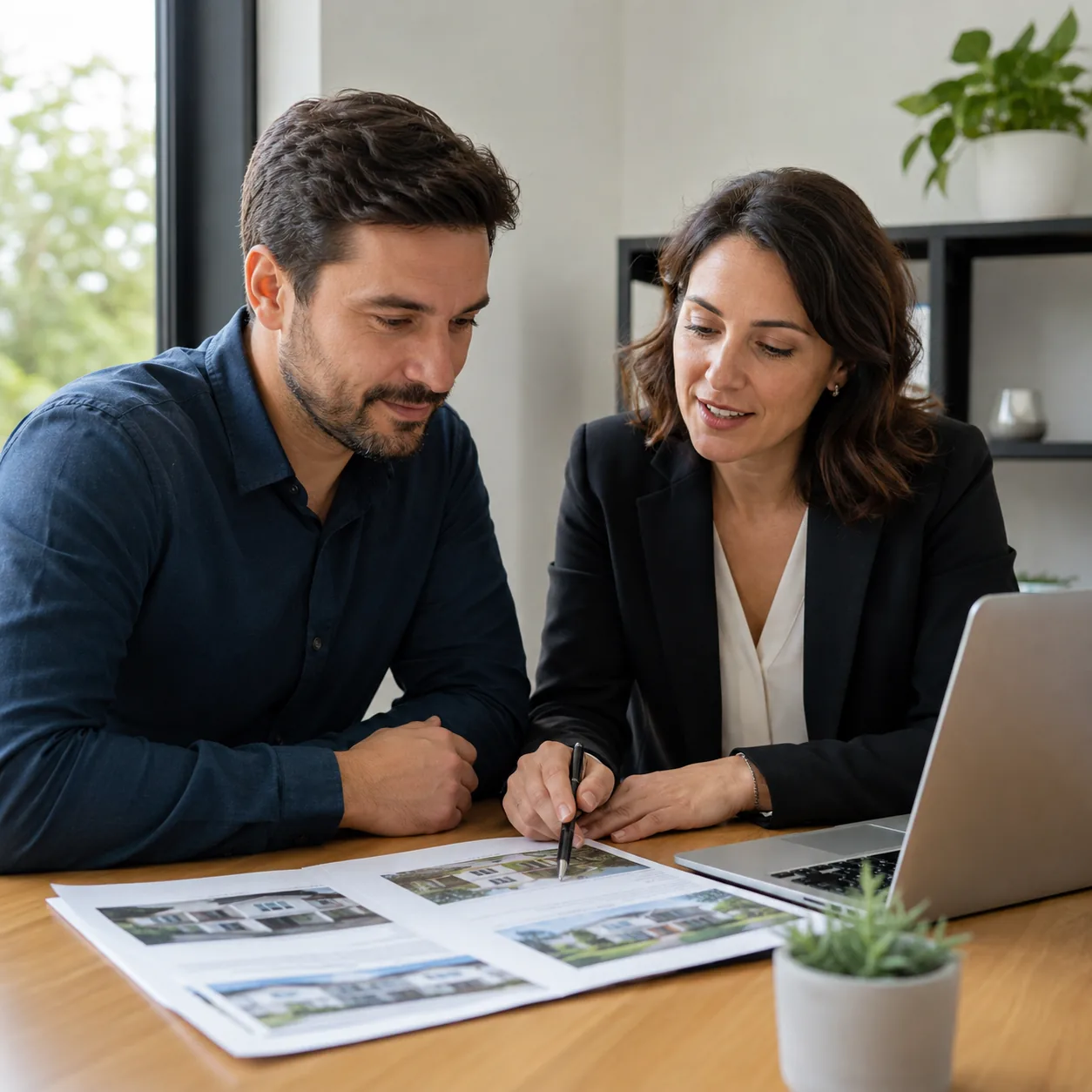 Realistic editorial photo of a buyer and agent looking at comparable home sale printouts beside a laptop, clean office s