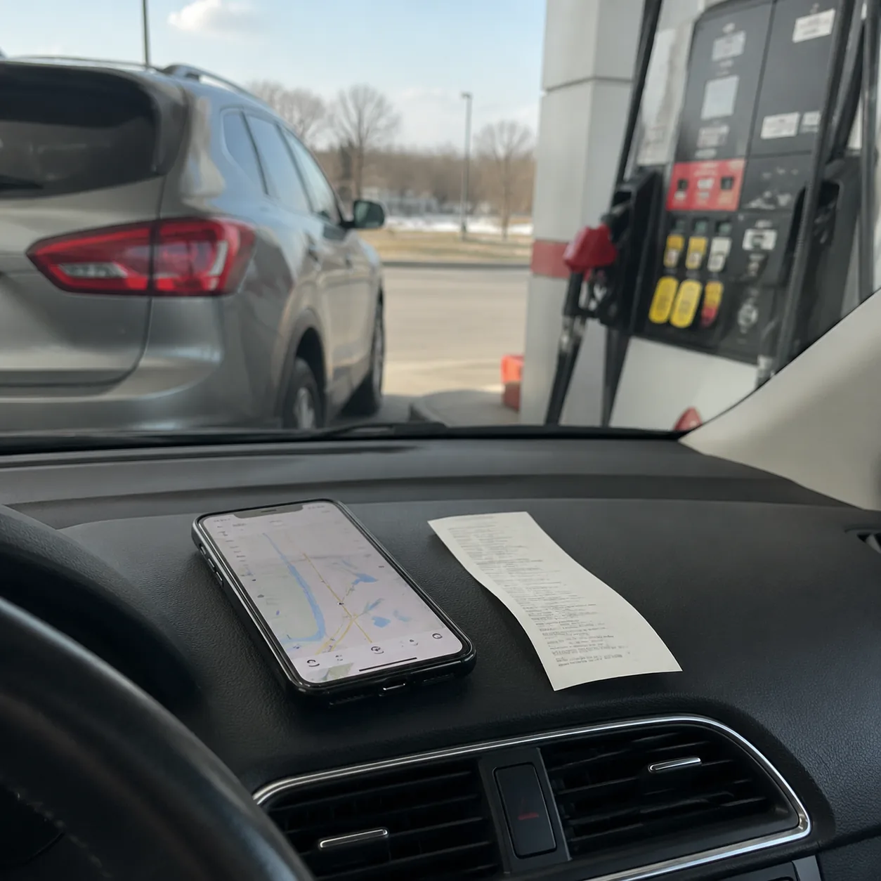 Realistic editorial photo of a car at a fuel pump with phone map and receipt on the dashboard, practical consumer guide