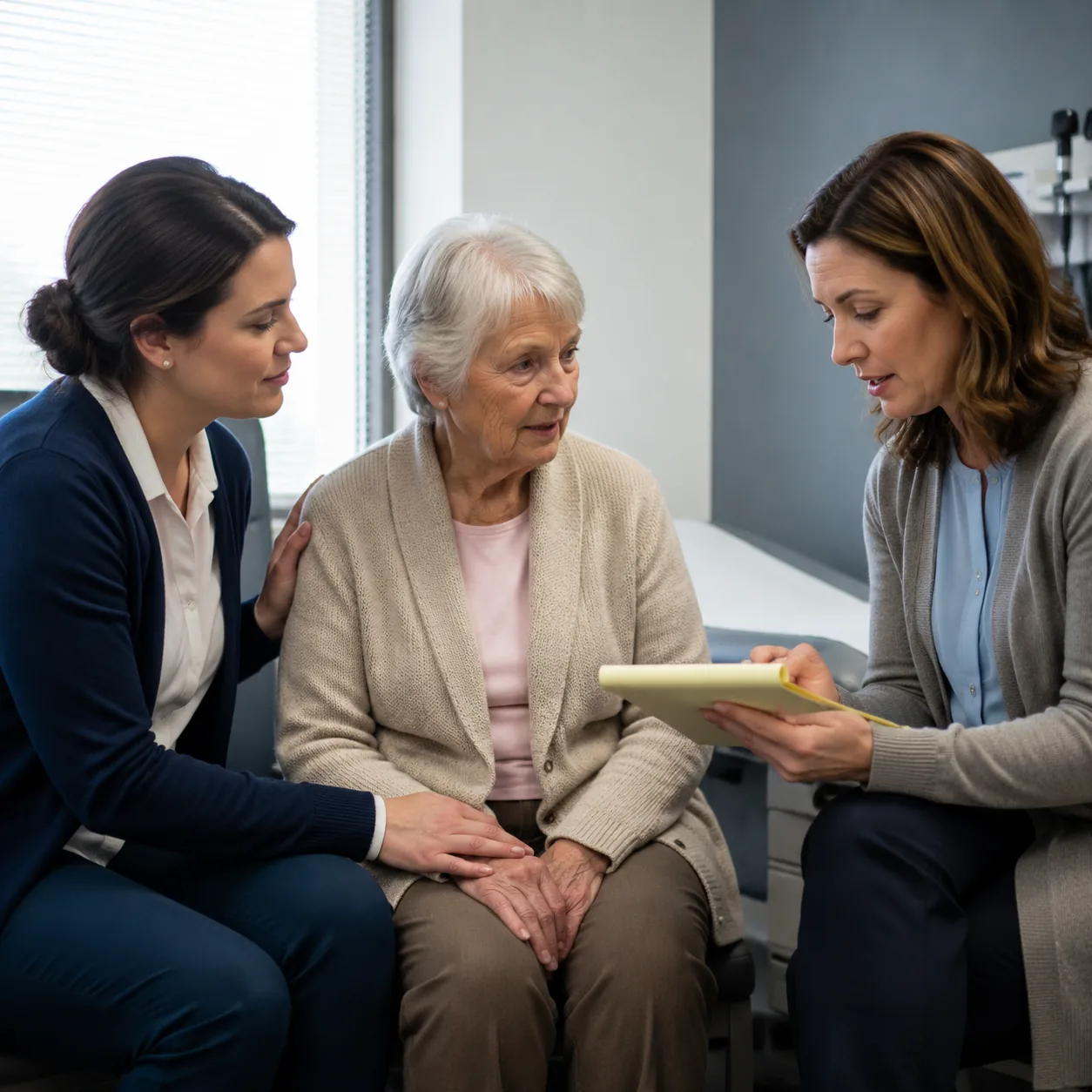 Realistic editorial photo of a caregiver accompanying an older resident at a medical office while an adult child reviews