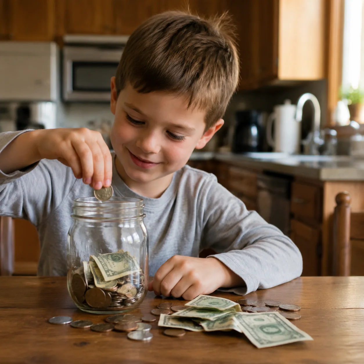 Realistic editorial photo of a child placing coins and small bills into a jar at a kitchen table, warm natural light, pr