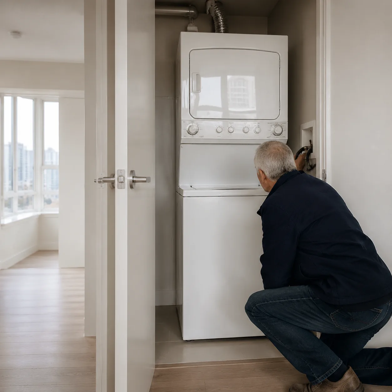 Realistic editorial photo of a compact condo laundry closet with stacked washer dryer and an older buyer checking hose c