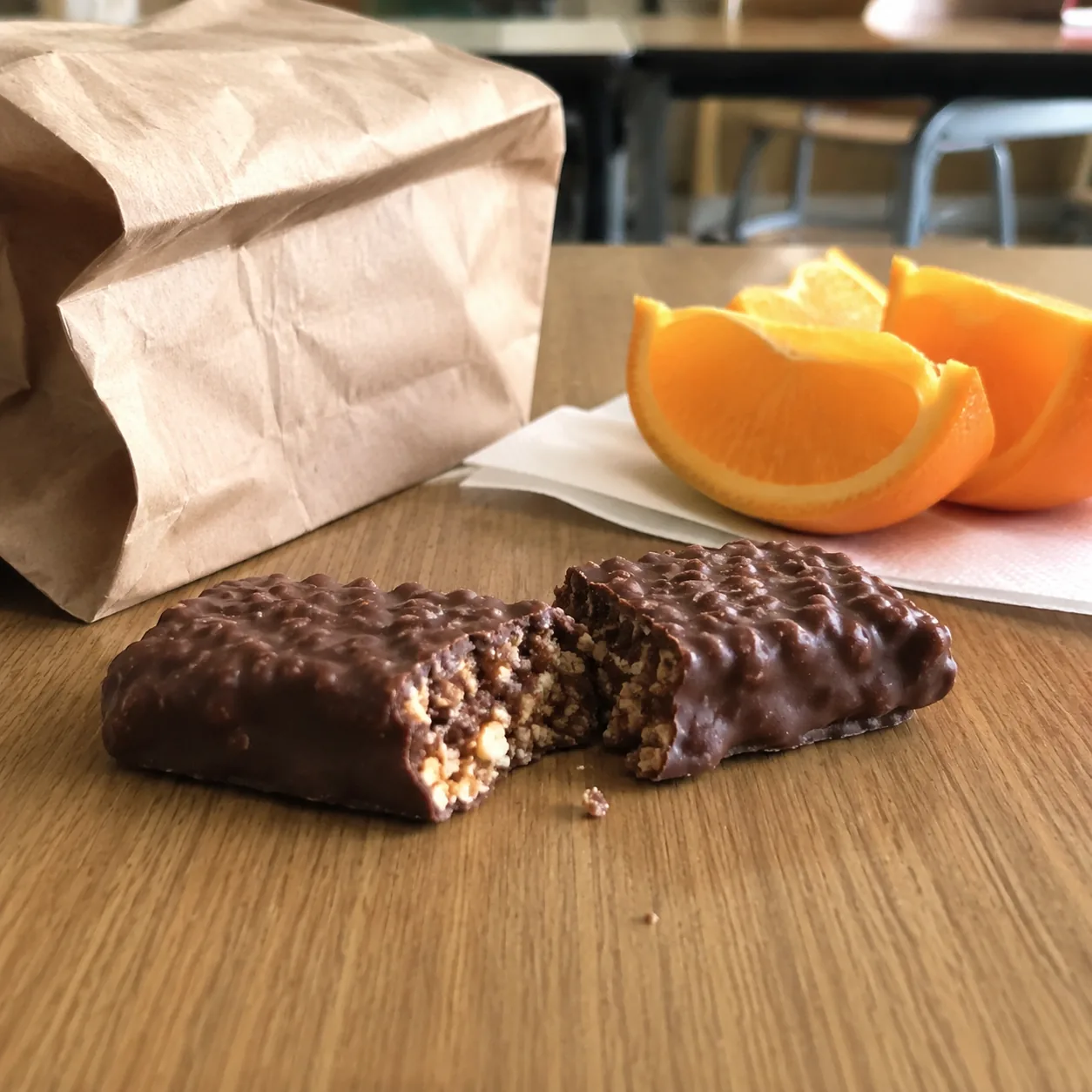 Realistic editorial photo of a crunchy chocolate snack bar broken open beside a paper lunch sack and orange slices, prac