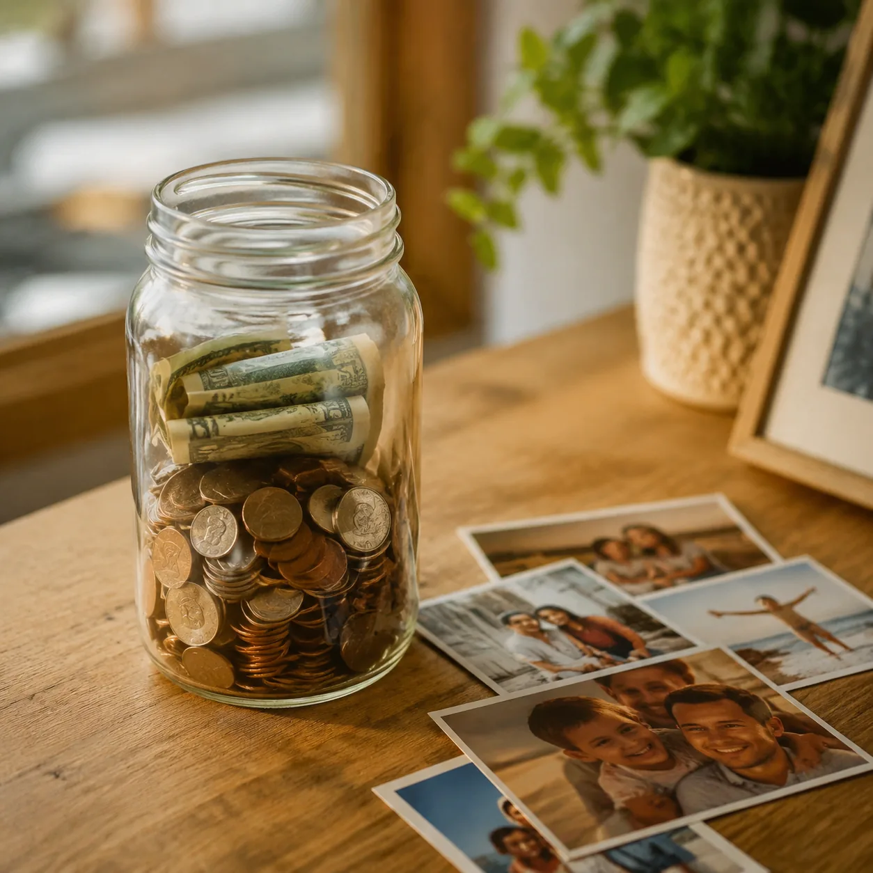 Realistic editorial photo of a jar labeled visually by coins and folded bills beside family photos, no visible writing,
