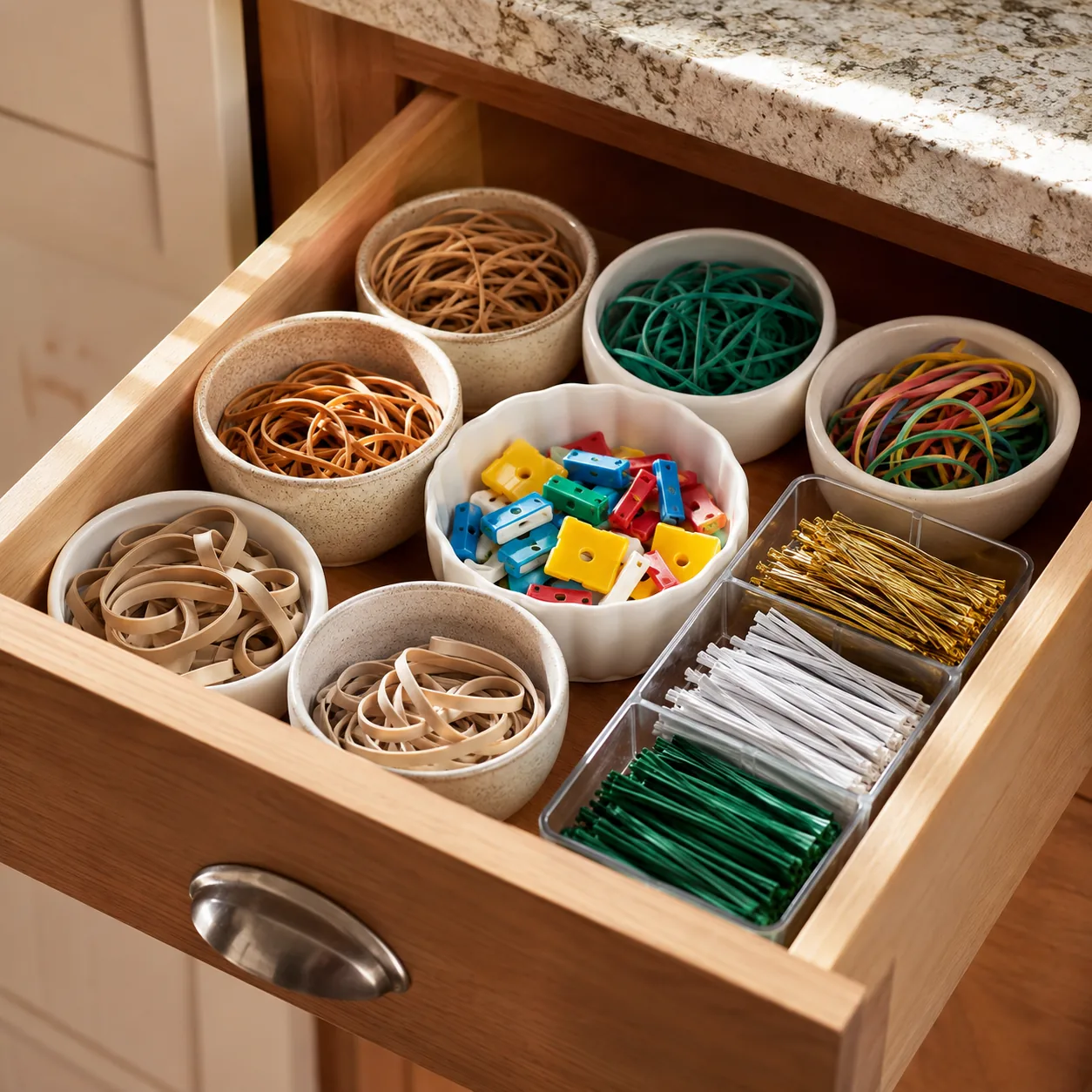 Realistic editorial photo of a kitchen drawer filled with rubber bands, twist ties, and bread bag clips in small contain