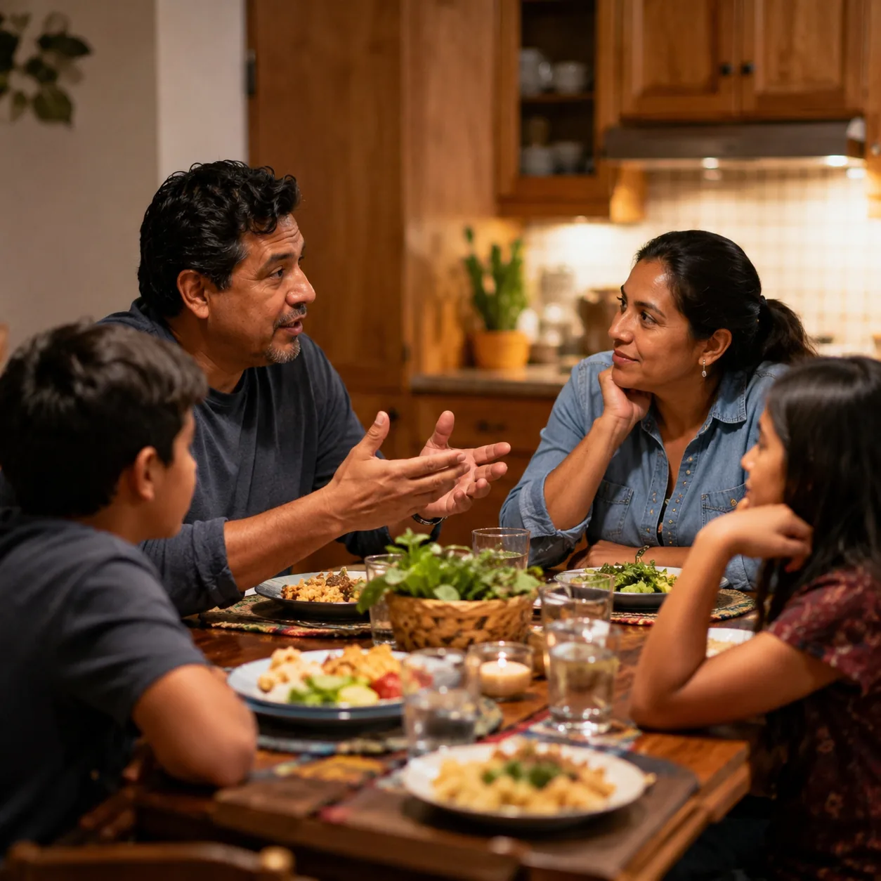 Realistic editorial photo of a Latino family speaking around a dinner table with children listening, warm kitchen light,