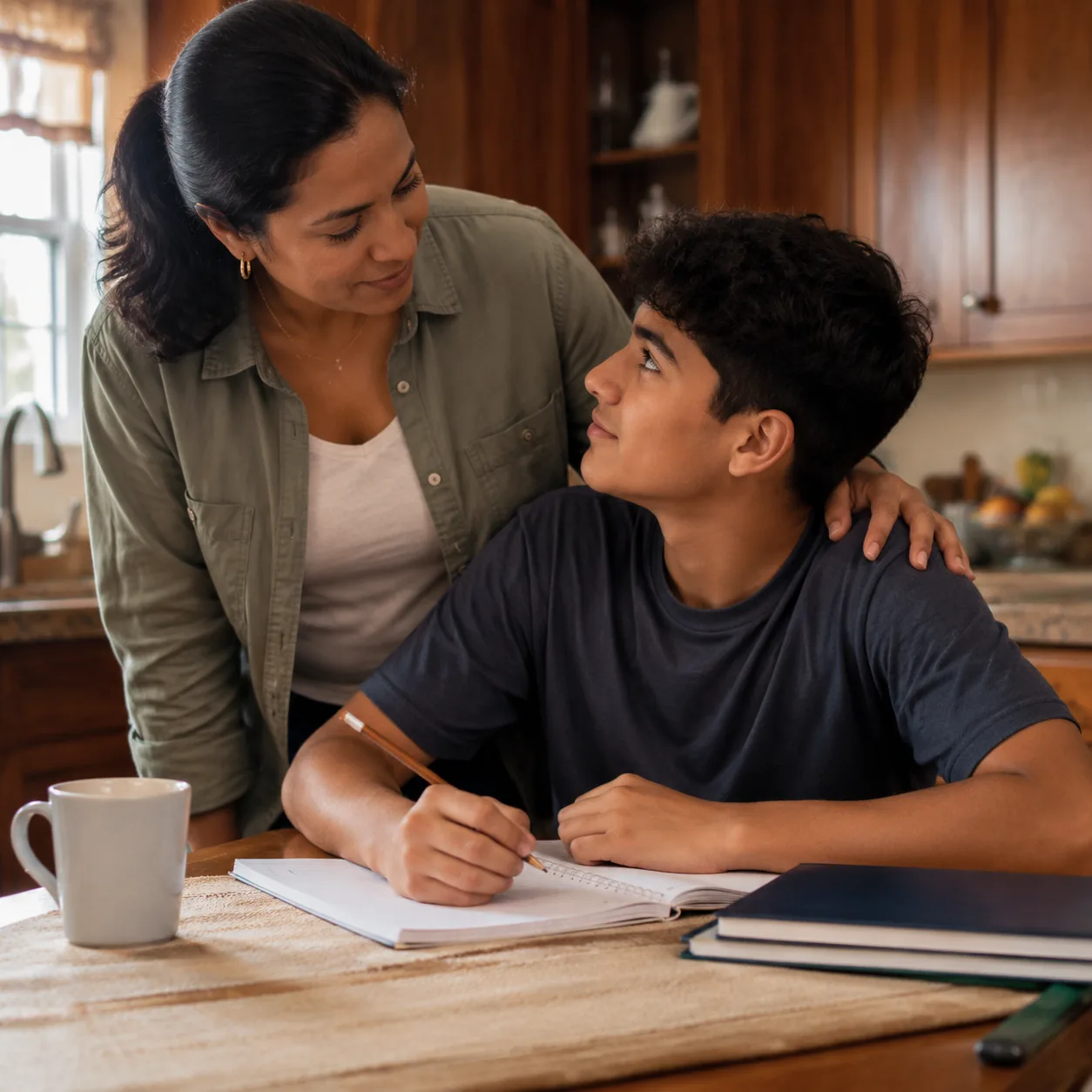 Realistic editorial photo of a Latino teenager studying at a kitchen table while a parent checks in with encouragement,