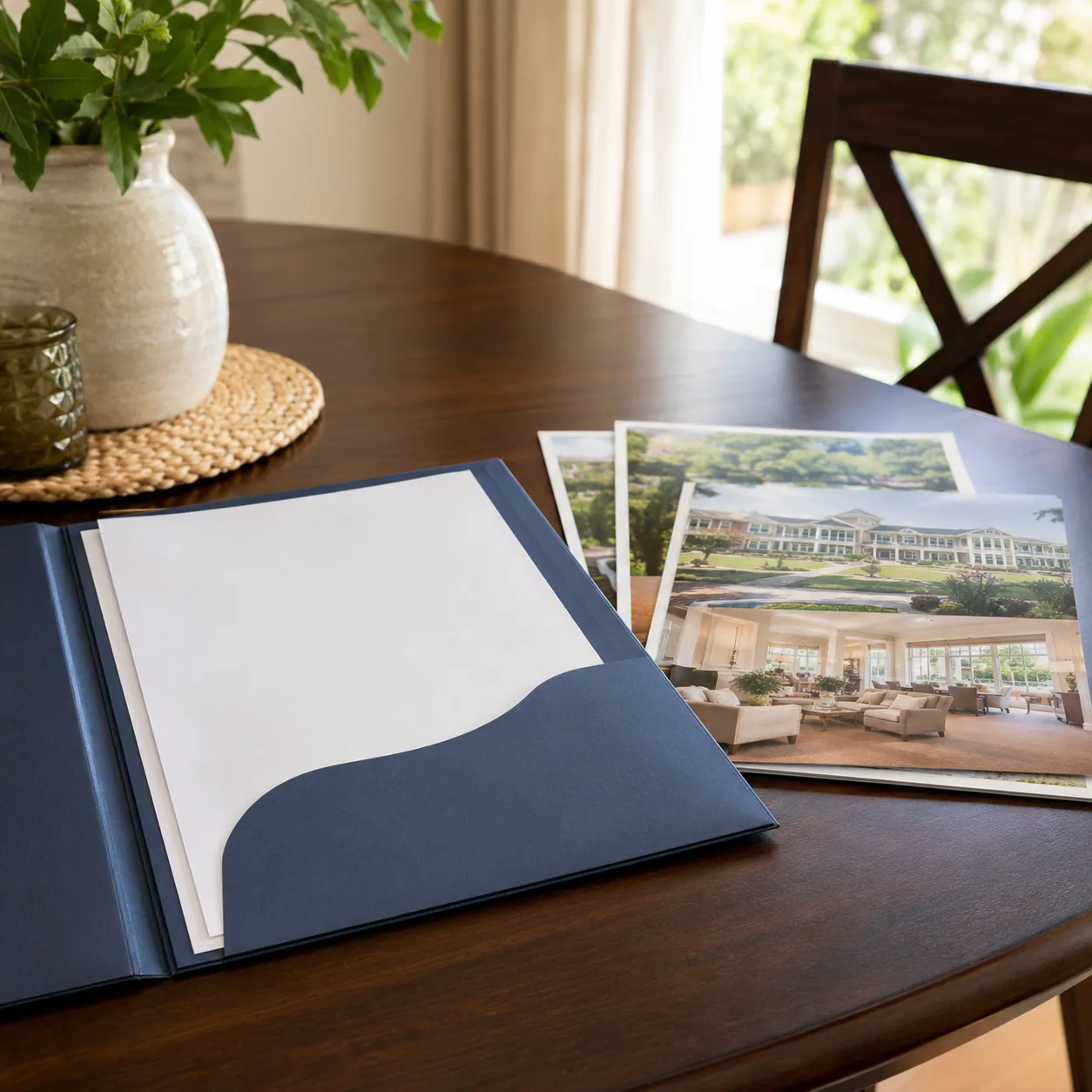 Realistic editorial photo of a mortgage preapproval folder beside retirement community brochures on a dining table, prac