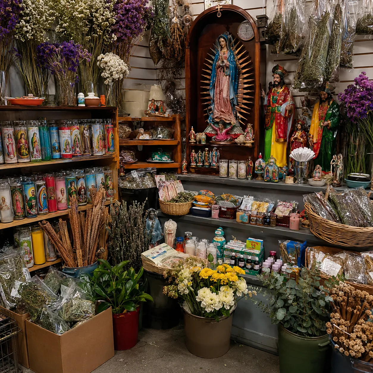 Realistic editorial photo of a small botanica corner inside a Latino market with candles, herbs, flowers, and devotional
