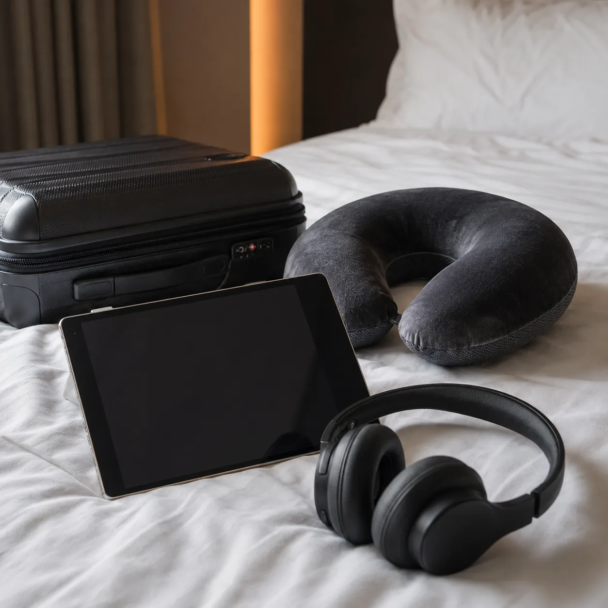 Realistic editorial photo of a tablet with headphones, suitcase, and airplane neck pillow on a bed, practical travel ent