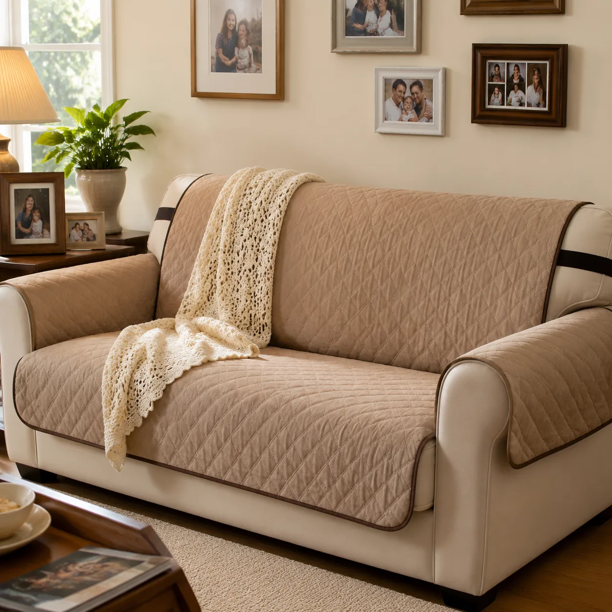 Realistic editorial photo of a tidy living room sofa with a protective cover, crocheted throw, and family photos nearby,