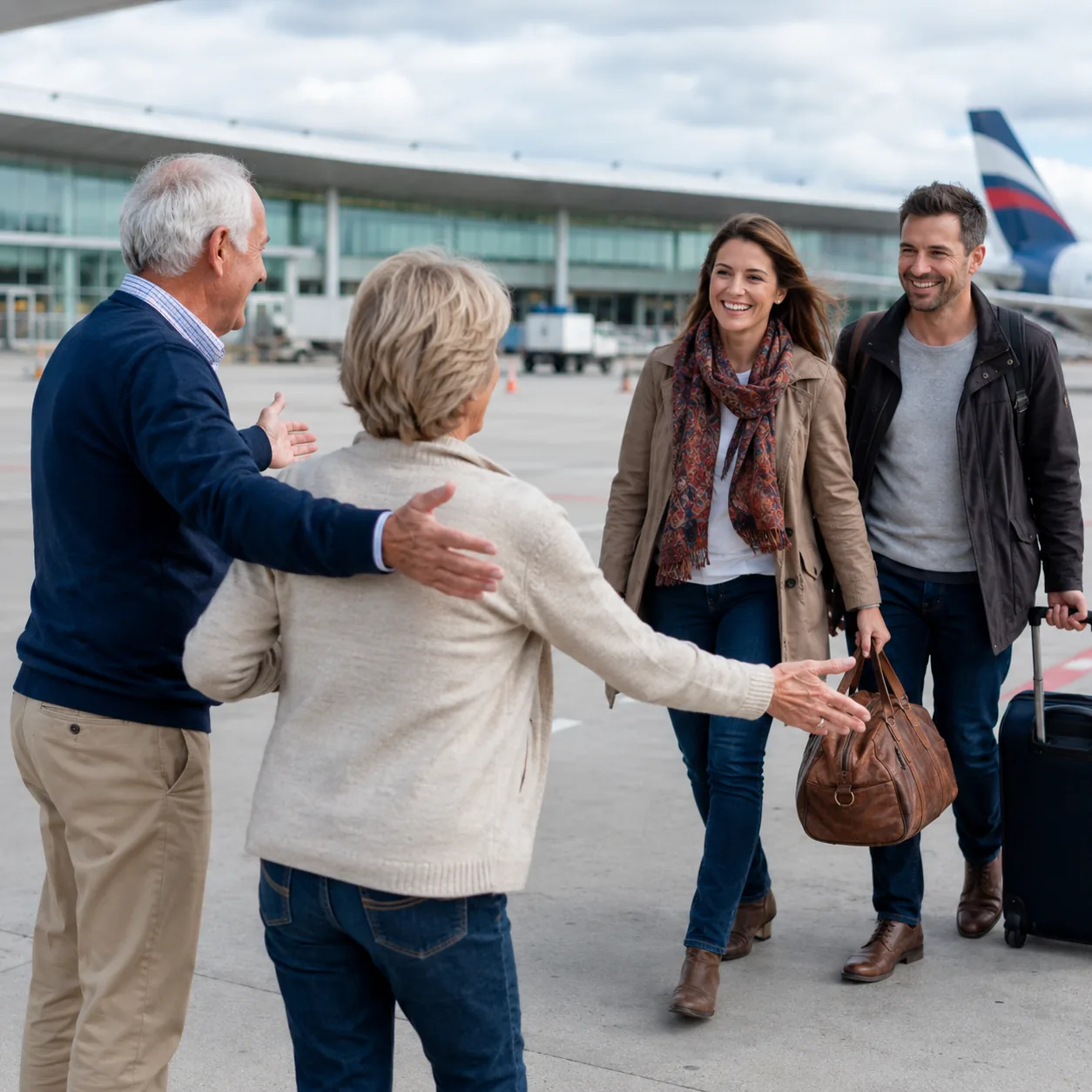 Realistic editorial photo of an older couple greeting adult children with luggage at a small regional airport, practical