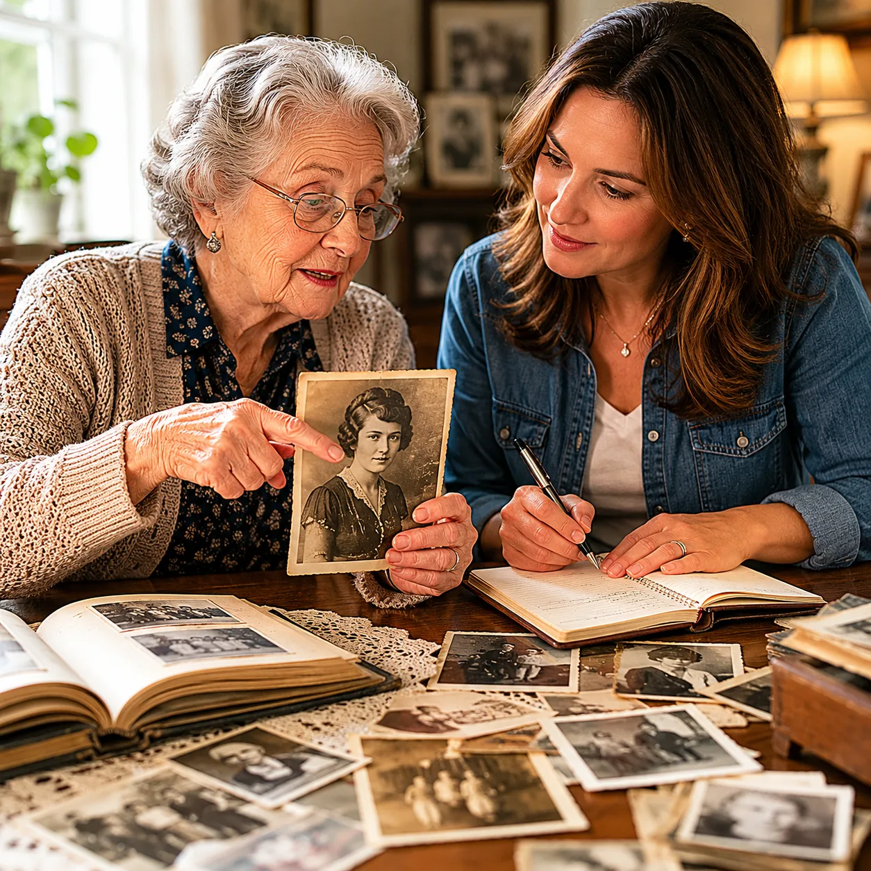 Realistic editorial photo of an older grandparent pointing to a faded portrait while an adult grandchild takes notes, wa