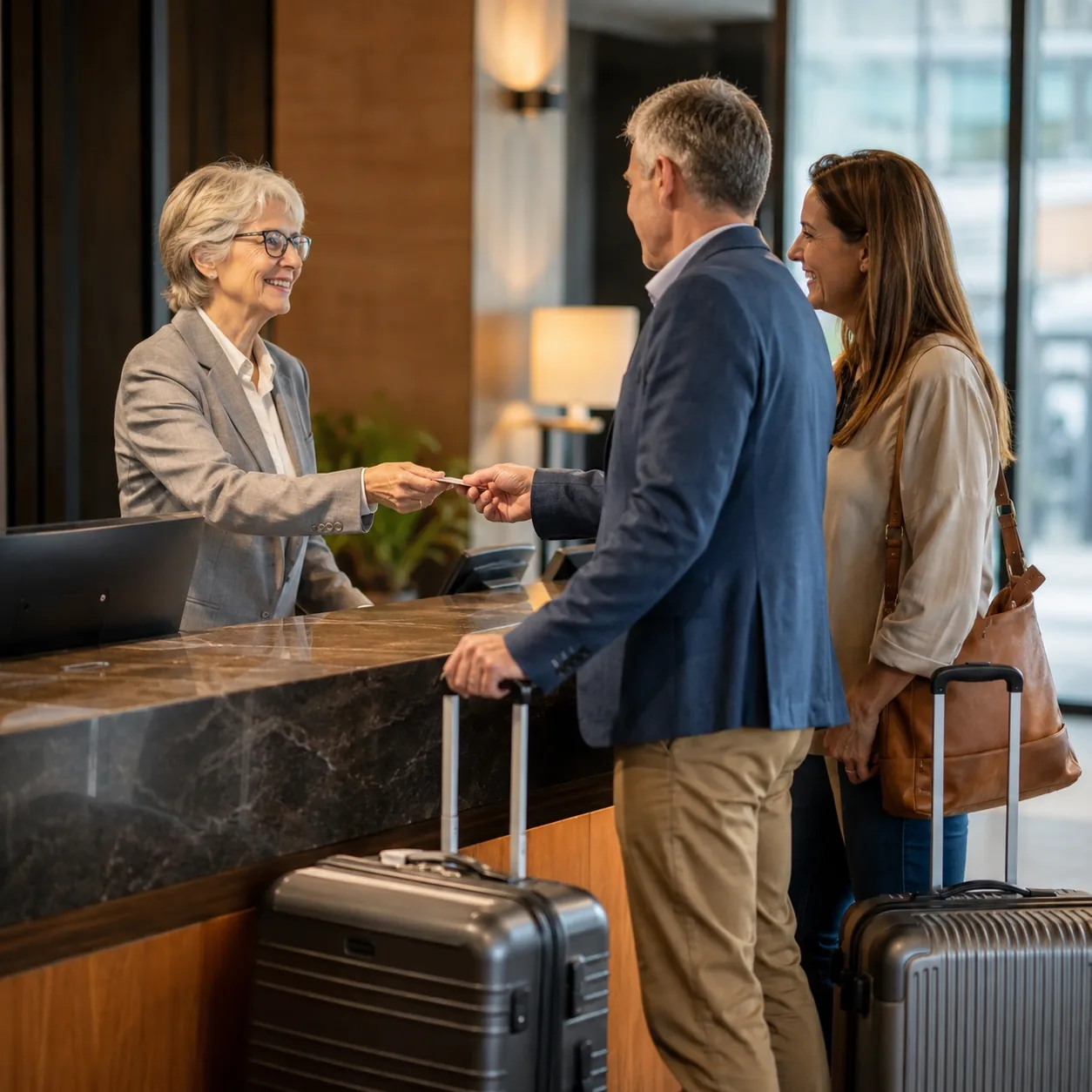 Realistic editorial photo of an older hotel front desk clerk checking in travelers with luggage in a lobby, practical re