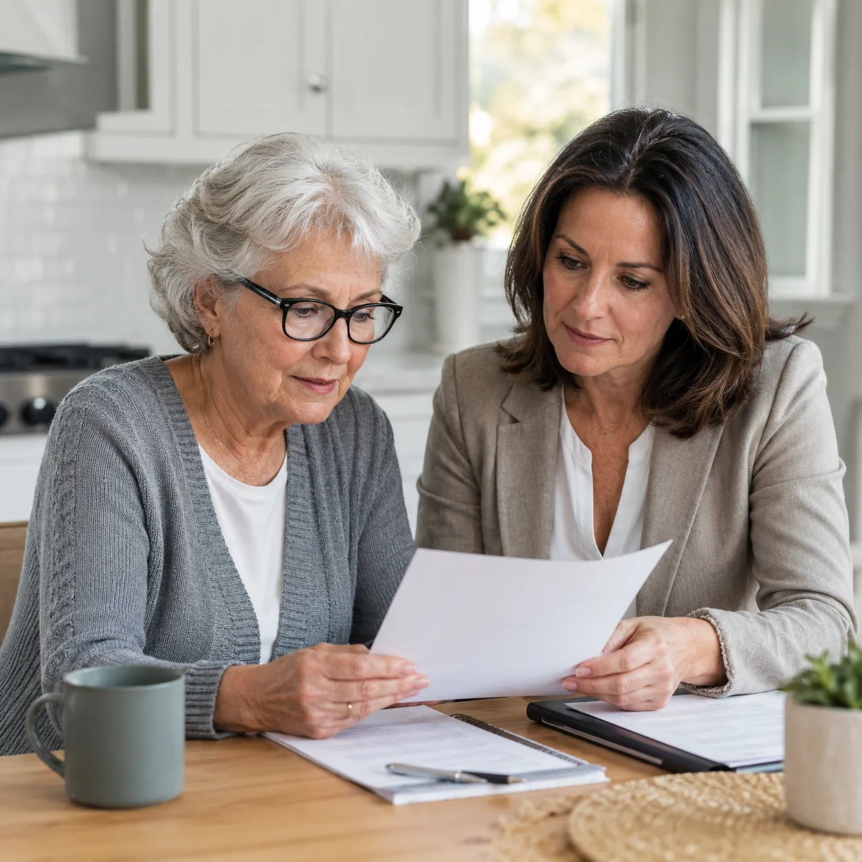 Realistic editorial photo of an older parent and adult child reviewing age-restricted occupancy documents at a kitchen t