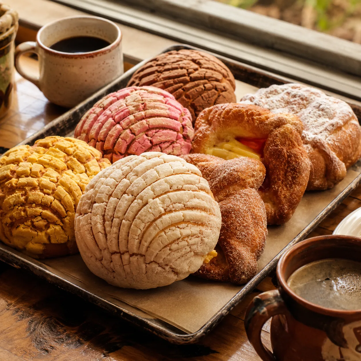 Realistic editorial photo of assorted pan dulce including conchas on a bakery tray with coffee cups nearby, warm natural