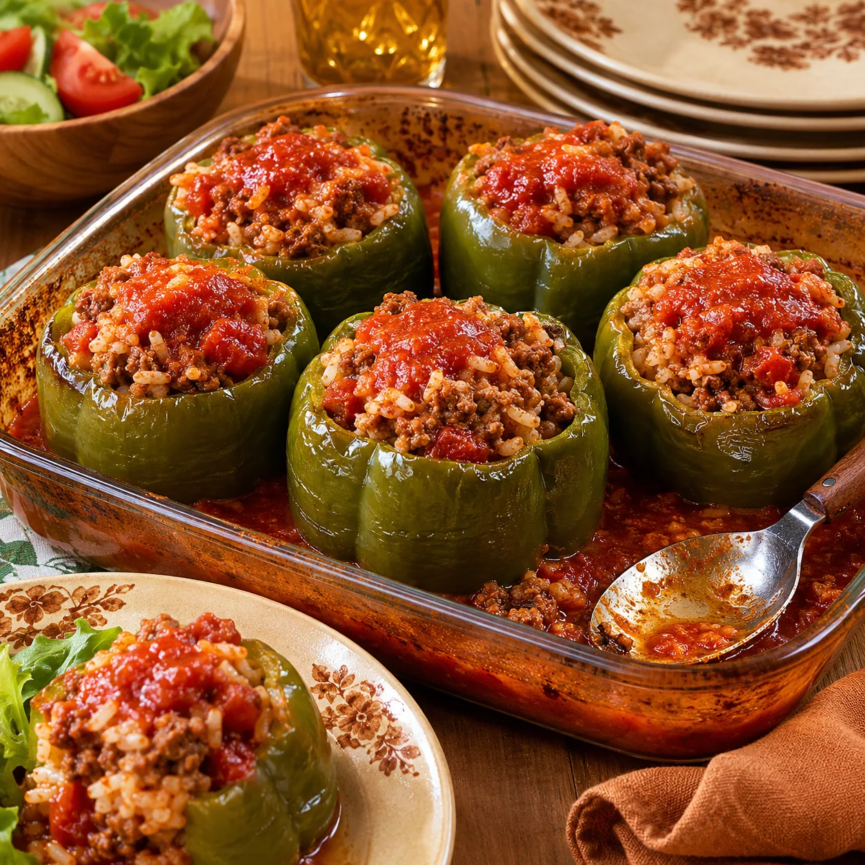 Realistic editorial photo of green bell peppers stuffed with rice, ground beef, and tomato sauce in a baking dish, pract