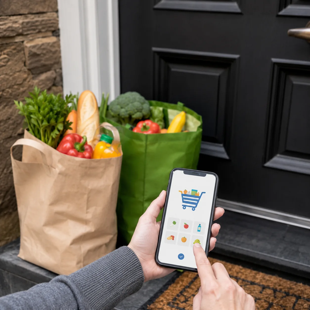 Realistic editorial photo of grocery bags on a doorstep with a phone showing a generic shopping cart screen, practical c