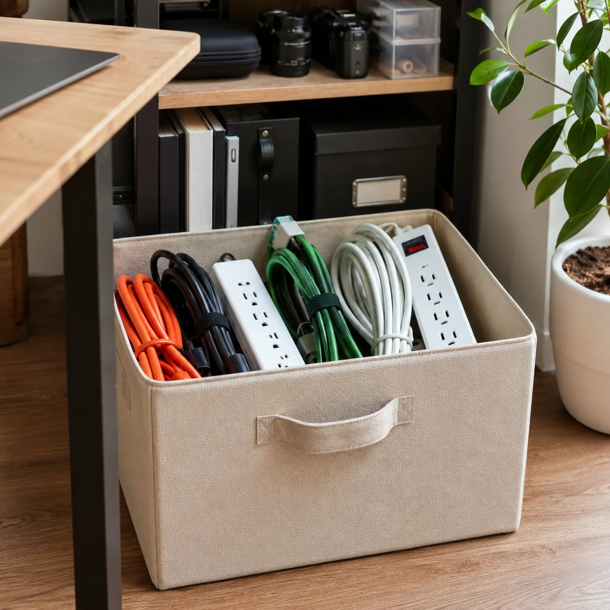 Realistic editorial photo of neatly coiled extension cords and power strips in a labeled storage bin in a smaller home o