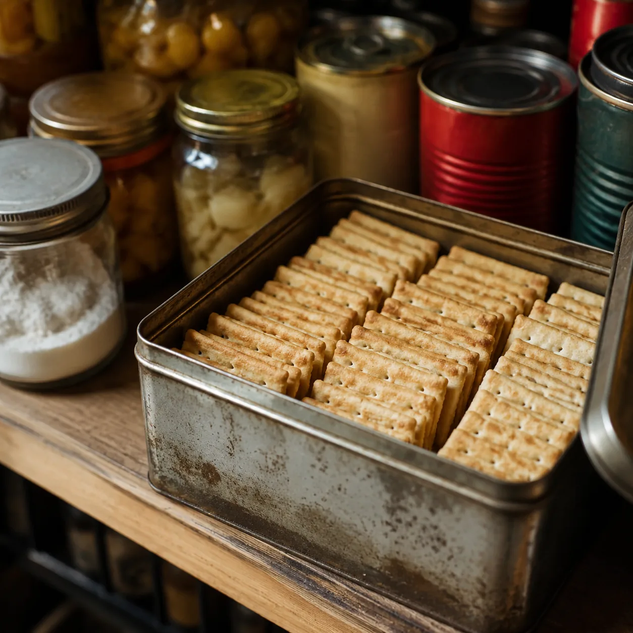 Realistic editorial photo of plain soda crackers stored in a metal tin on a pantry shelf beside jars and canned goods, p