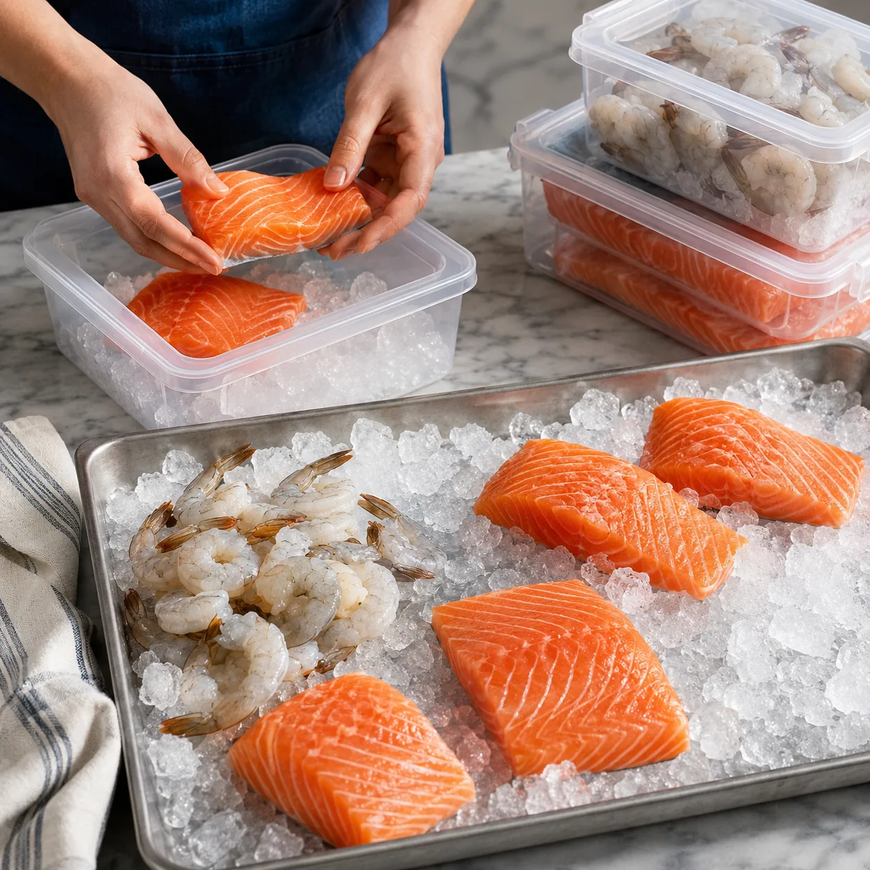 Realistic editorial photo of salmon fillets and shrimp being portioned over ice with freezer containers nearby, practica