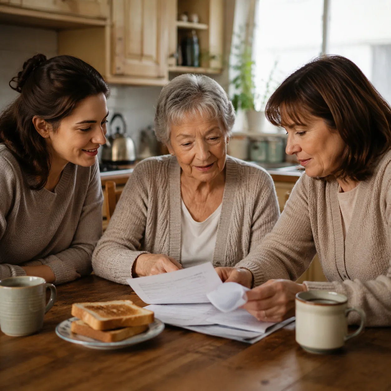 Realistic editorial photo of three generations sitting around a kitchen table with coffee cups, bills, and a plate of to
